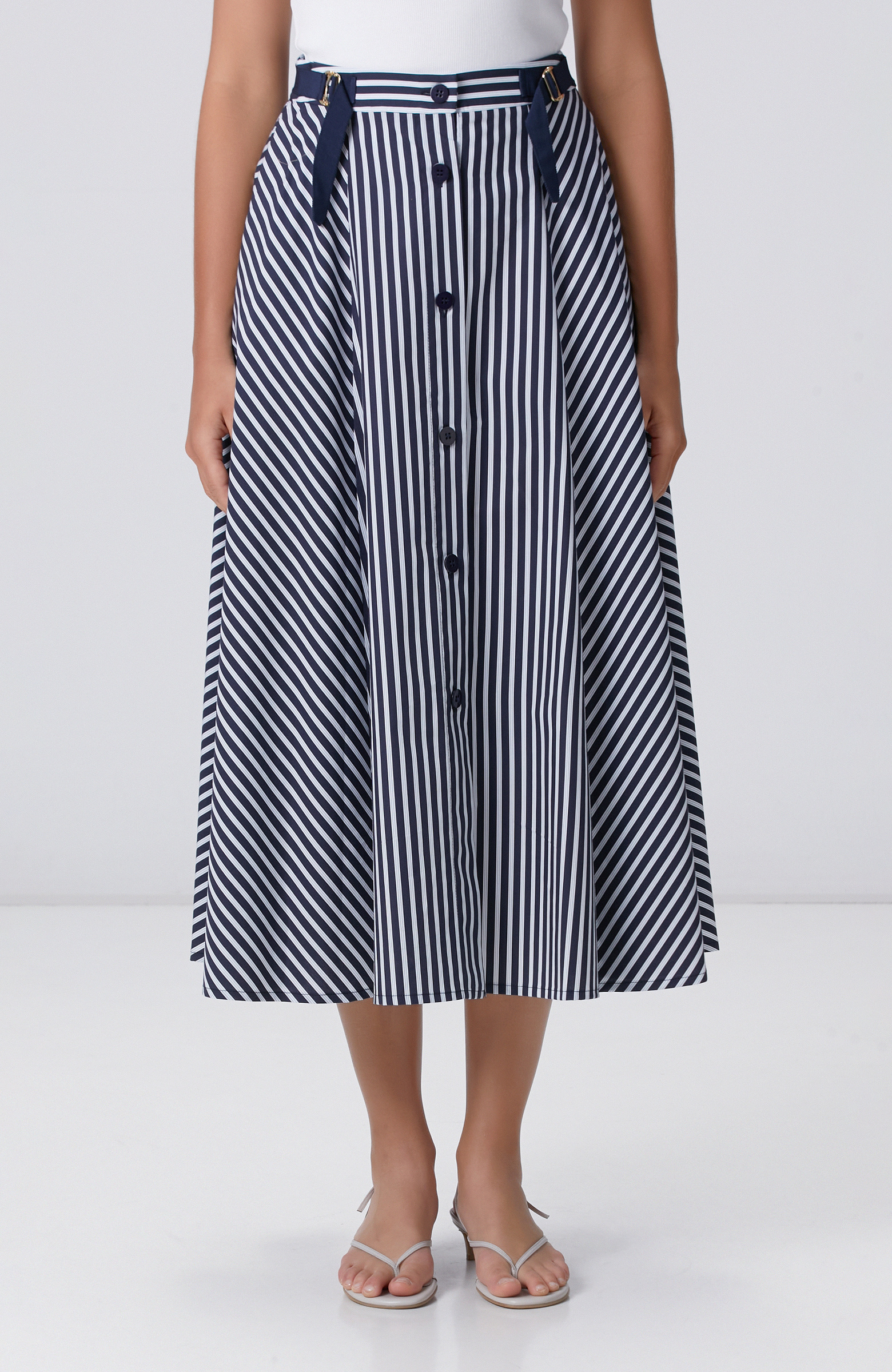 Lacivert Kırık Beyaz Çizgi Desenli Midi Etek