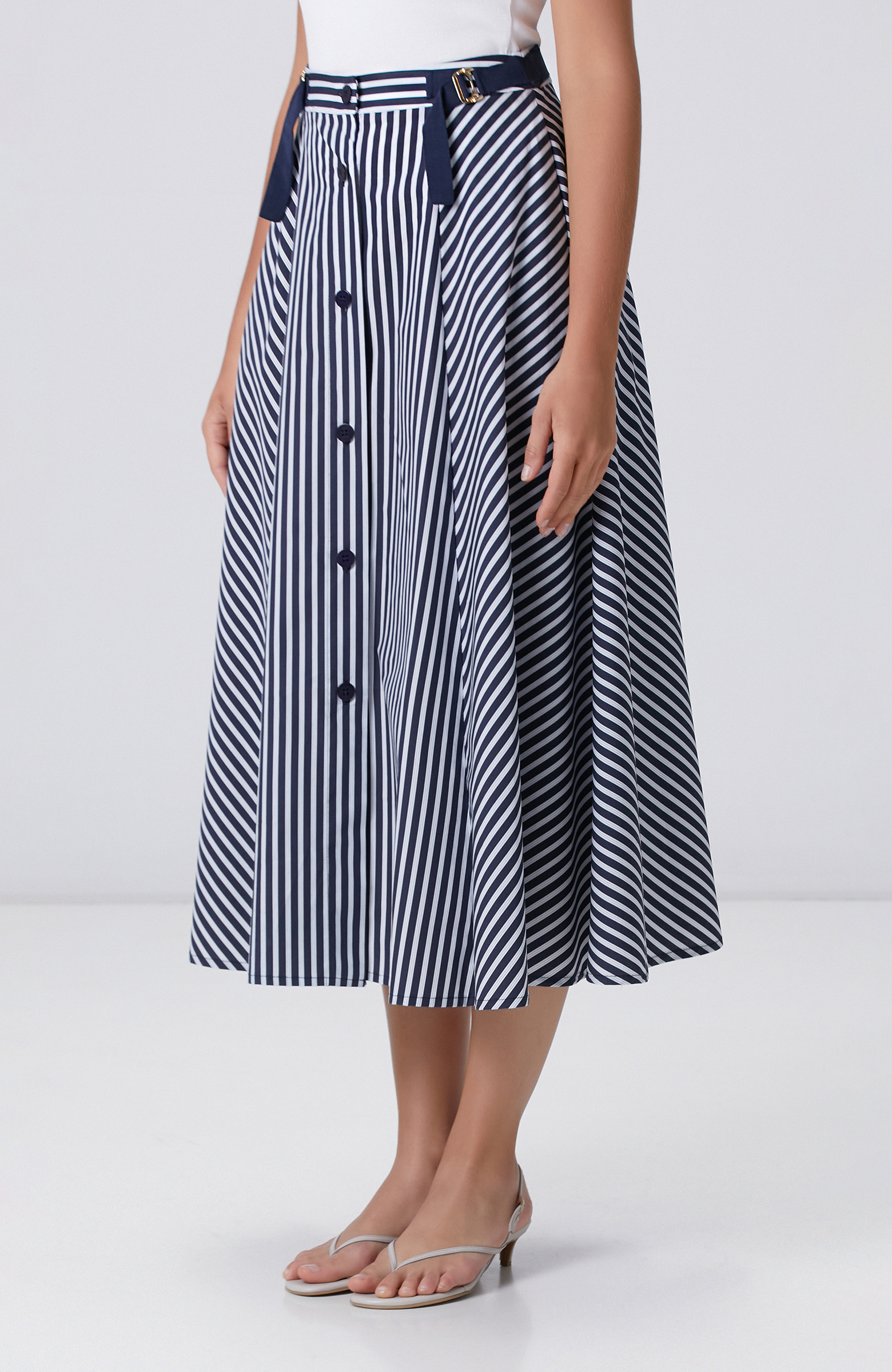 Lacivert Kırık Beyaz Çizgi Desenli Midi Etek