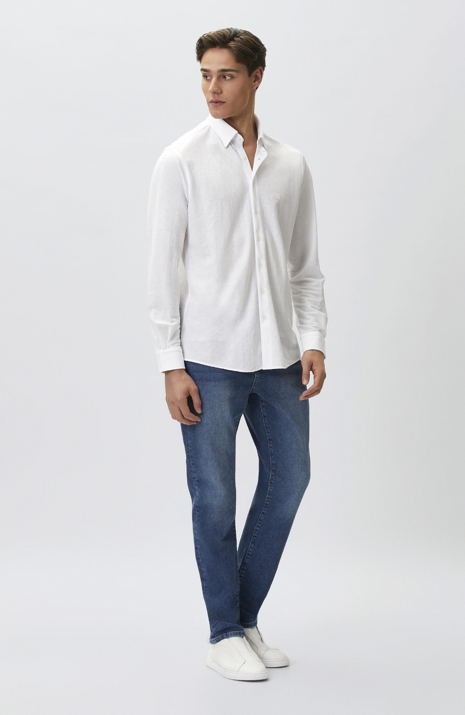 Slim Fit Beyaz Uzun Kol Örme Gömlek