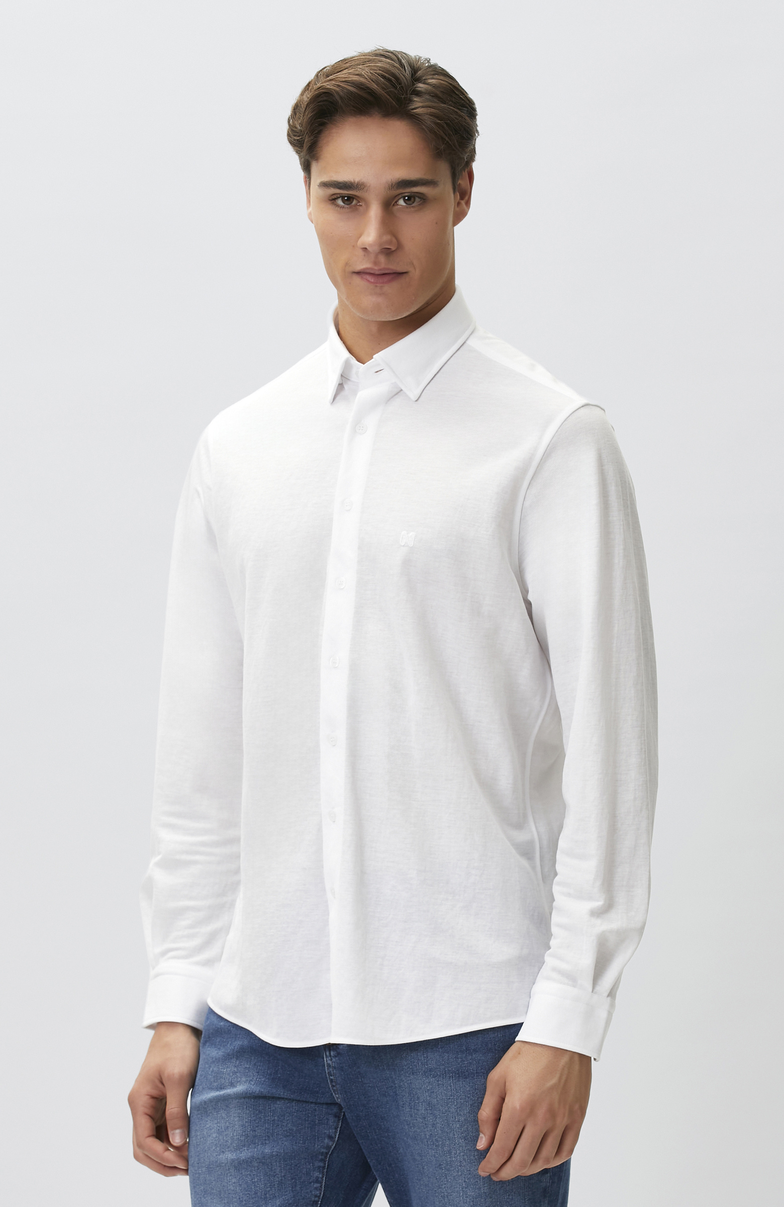 Slim Fit Beyaz Uzun Kol Örme Gömlek