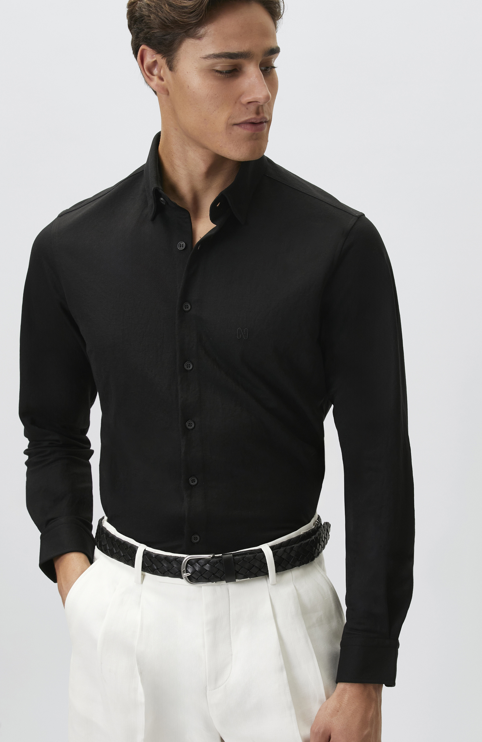 Slim Fit Siyah Uzun Kol Örme Gömlek
