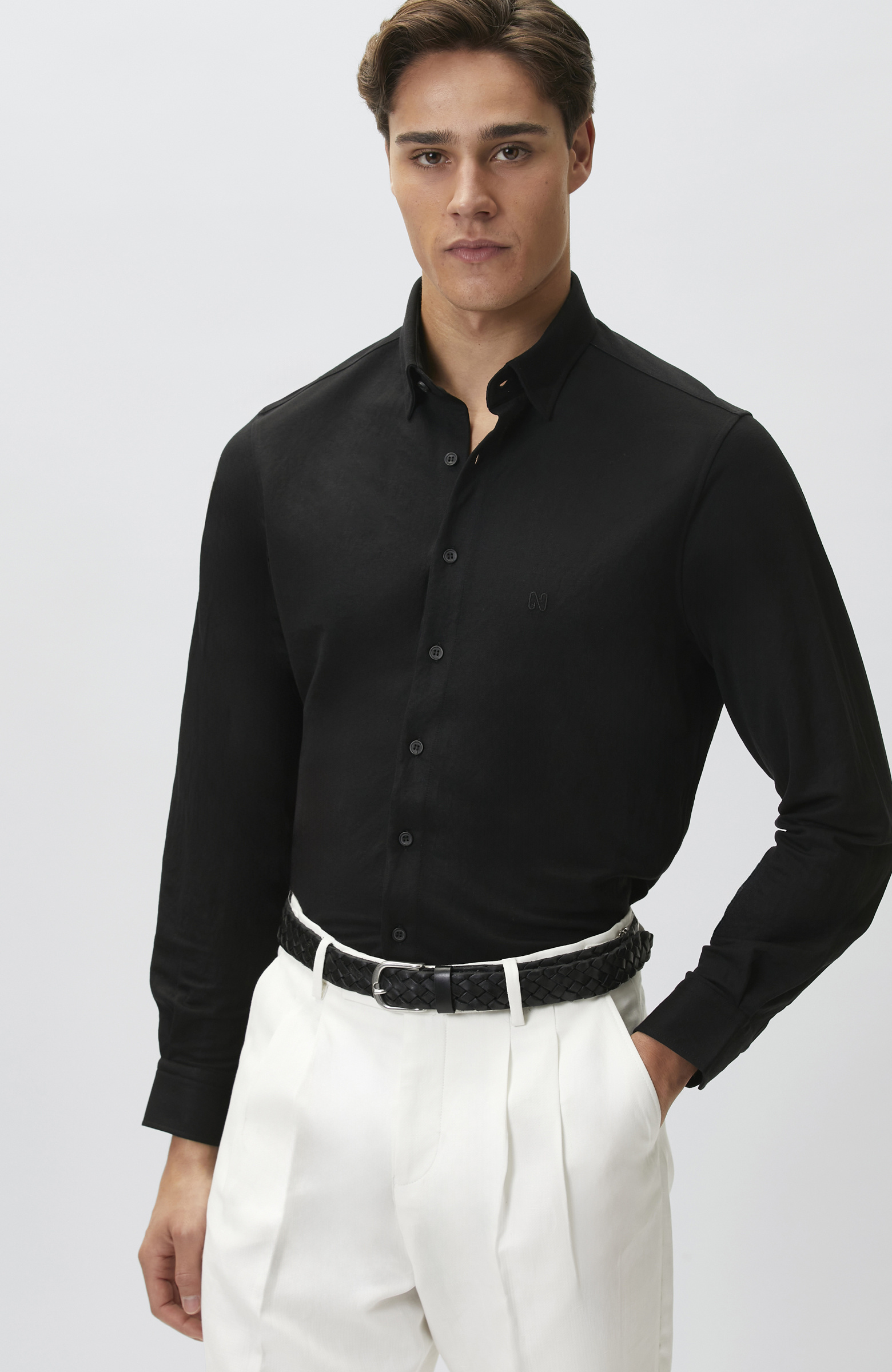 Slim Fit Siyah Uzun Kol Örme Gömlek