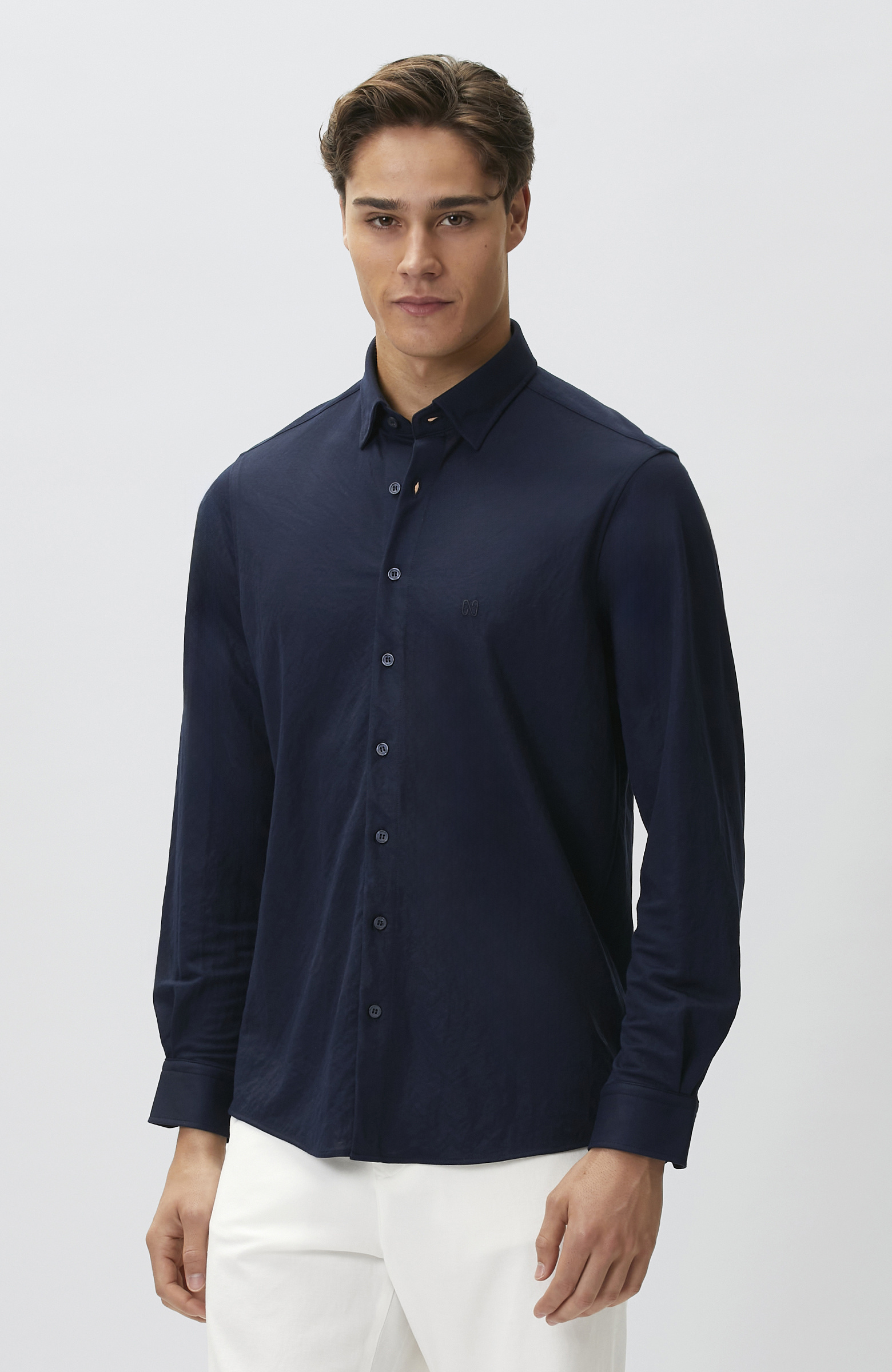 Slim Fit Lacivert Uzun Kol Örme Gömlek
