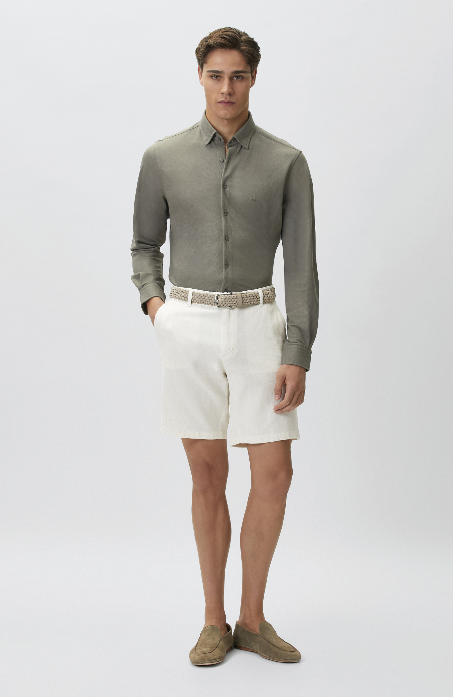 Slim Fit Haki Uzun Kol Örme Gömlek