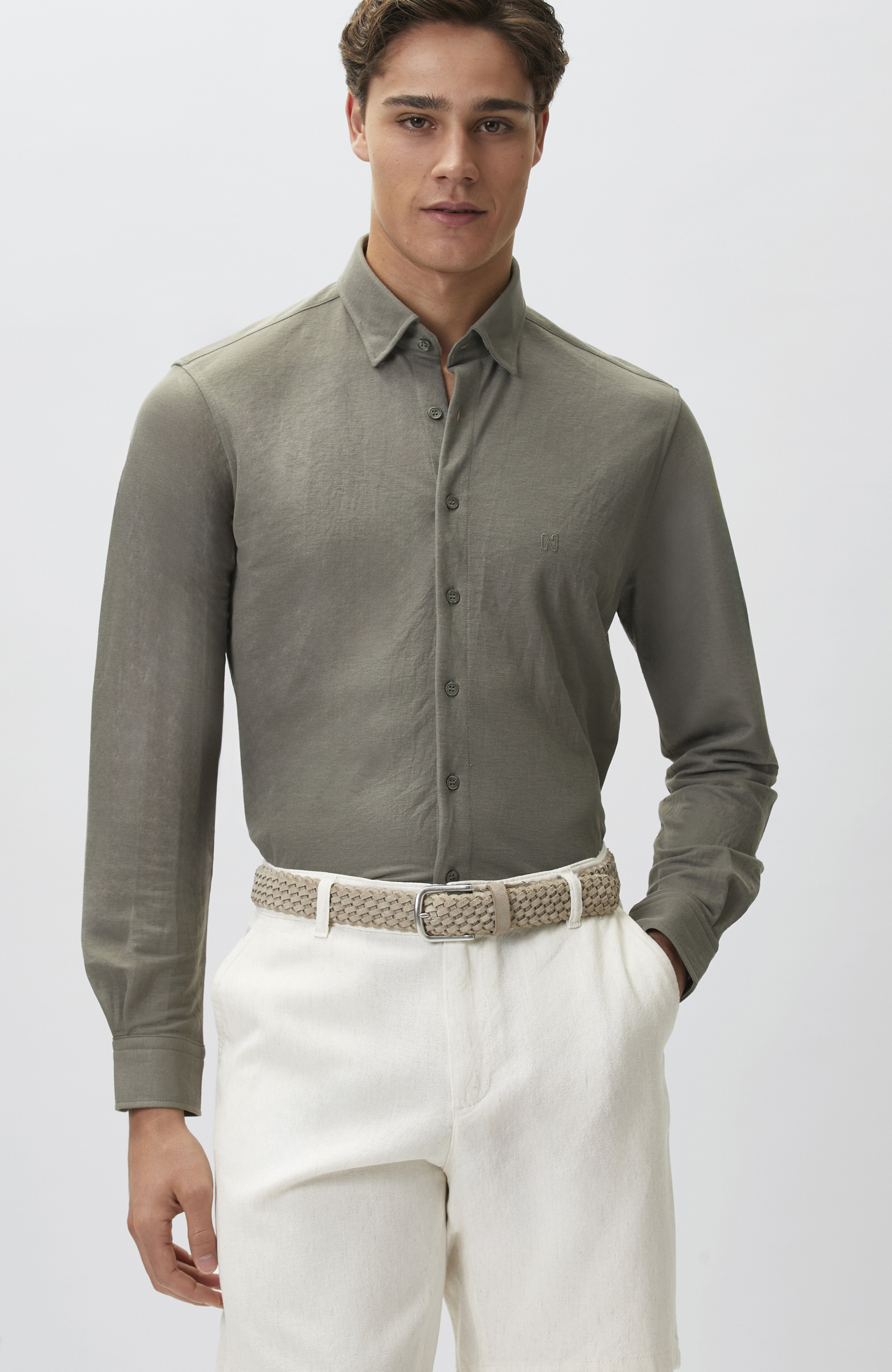 Slim Fit Haki Uzun Kol Örme Gömlek