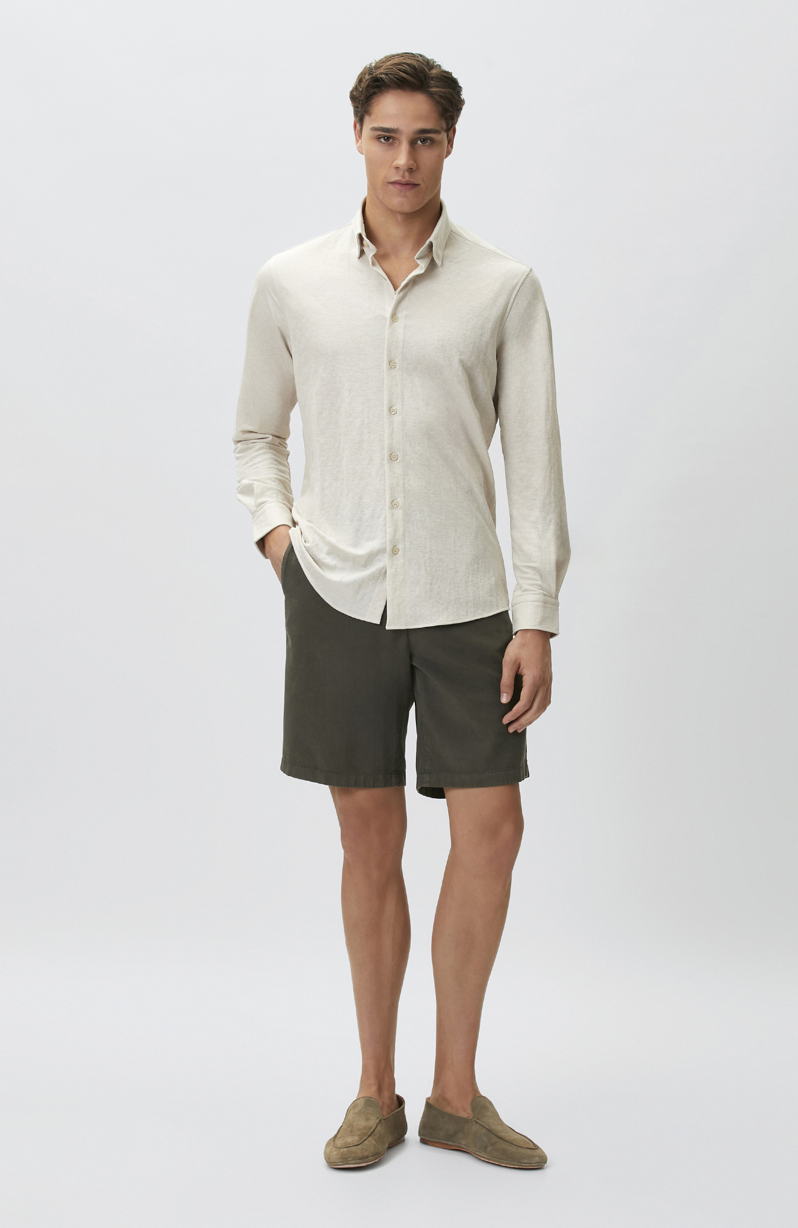 Slim Fit Bej Uzun Kol Örme Gömlek