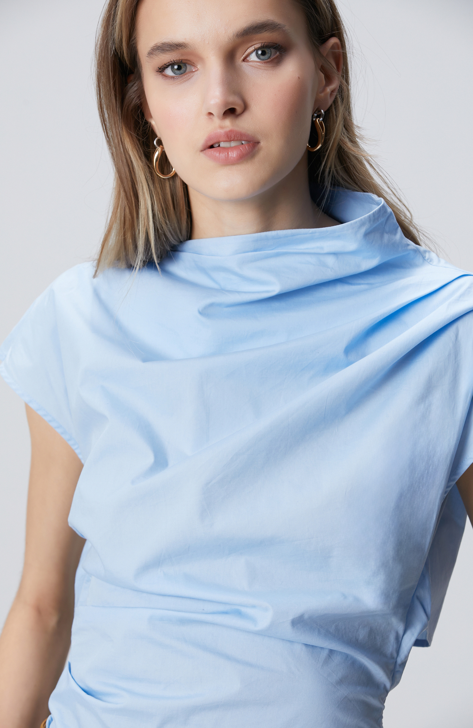 Light Blue Asymmetrical Collar Blouse