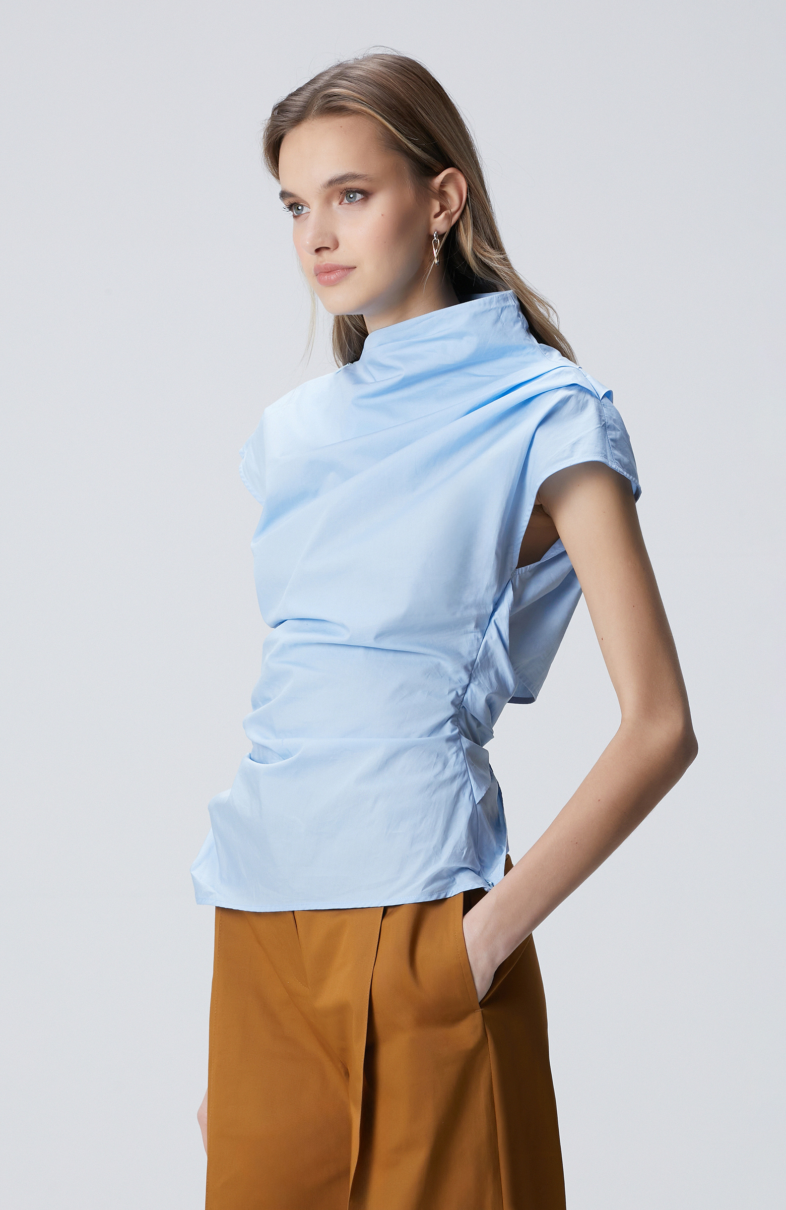 Light Blue Asymmetrical Collar Blouse