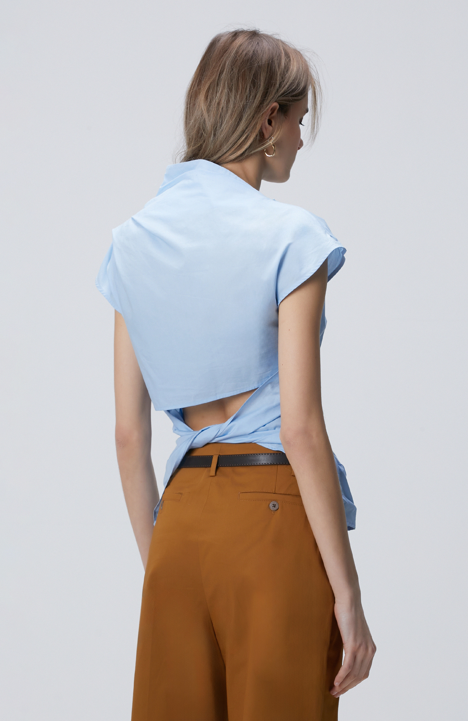 Light Blue Asymmetrical Collar Blouse