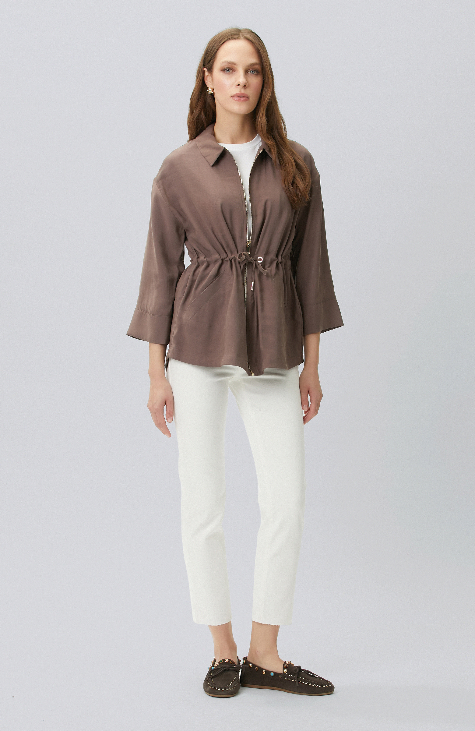 Kahverengi Beli Büzgülü Fermuarlı Astarsız Ceket