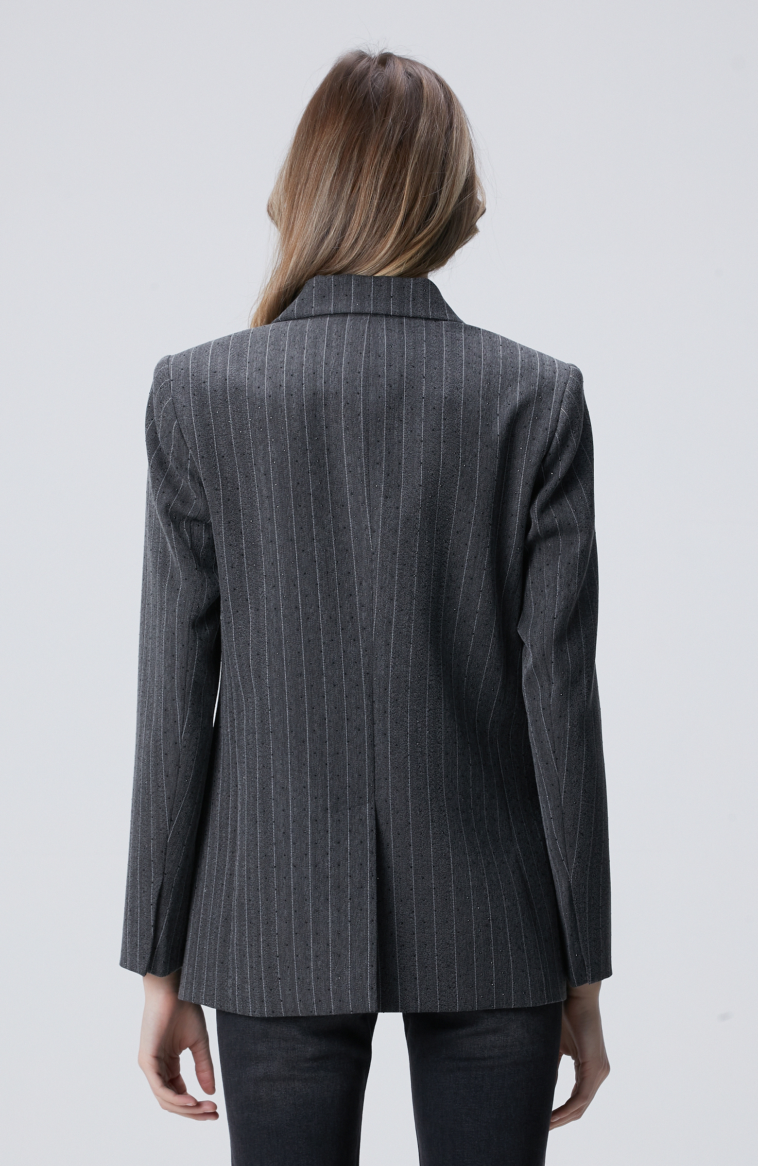 Koyu Gri Taşlı Çizgili Ceket