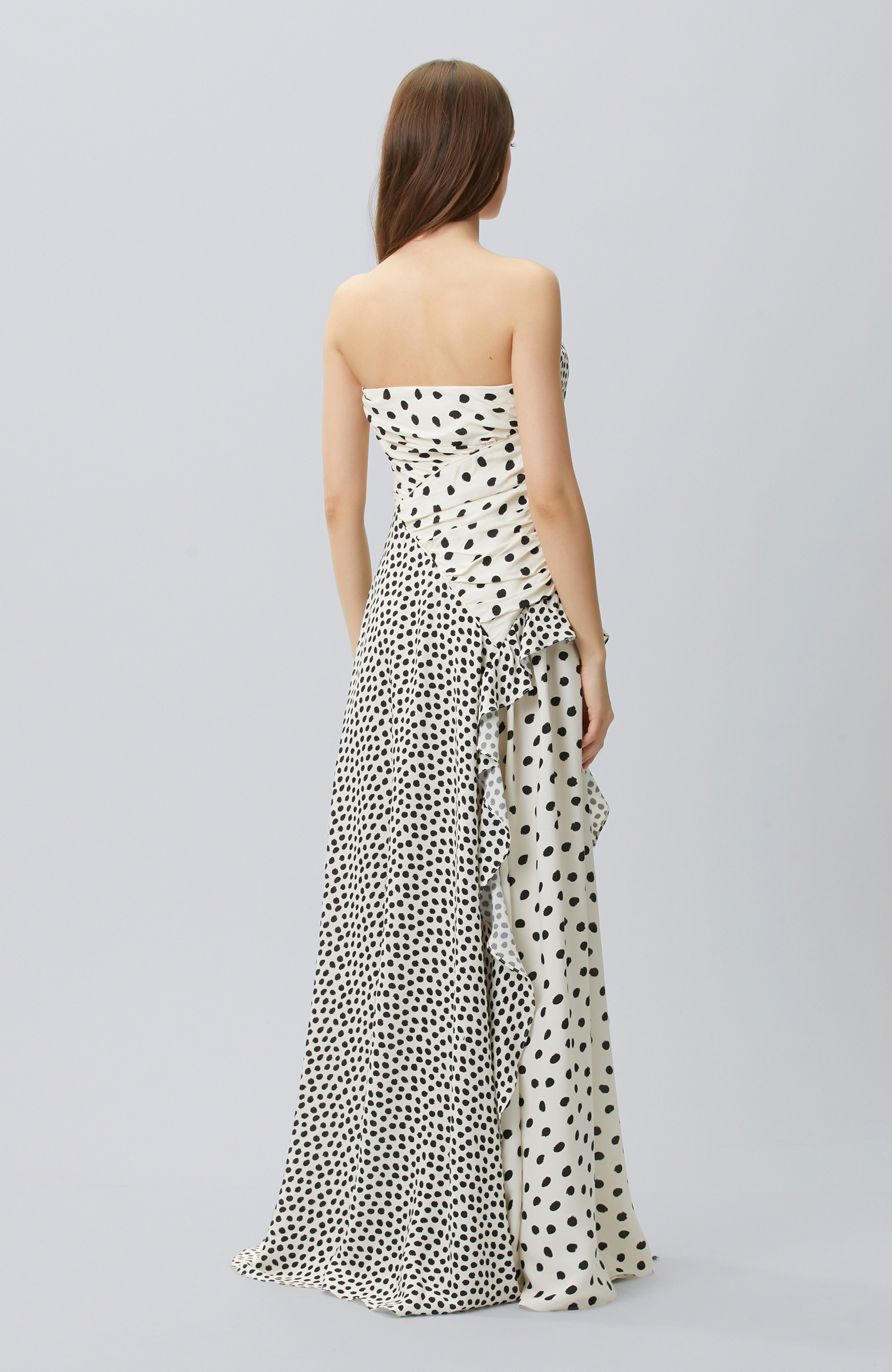 Siyah Beyaz Puantiye Desenli Abiye Elbise
