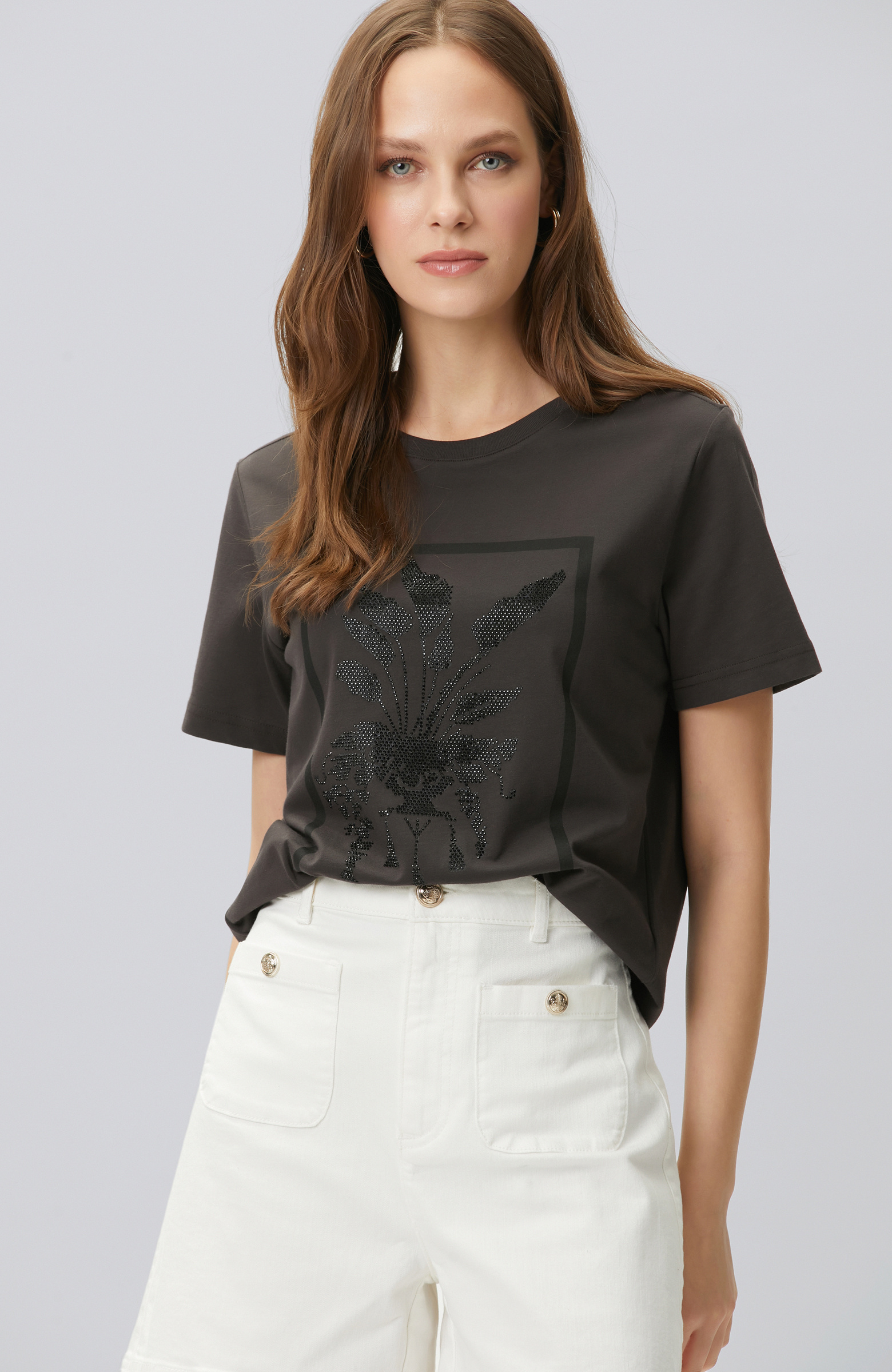 Kahverengi Royal Desen Taş Baskılı T-shirt