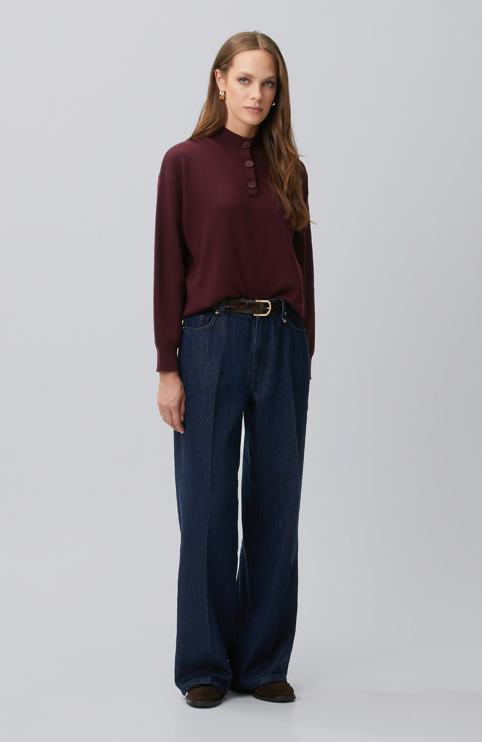 Burgundy High Collar Wool Blend Knitwear Sweater