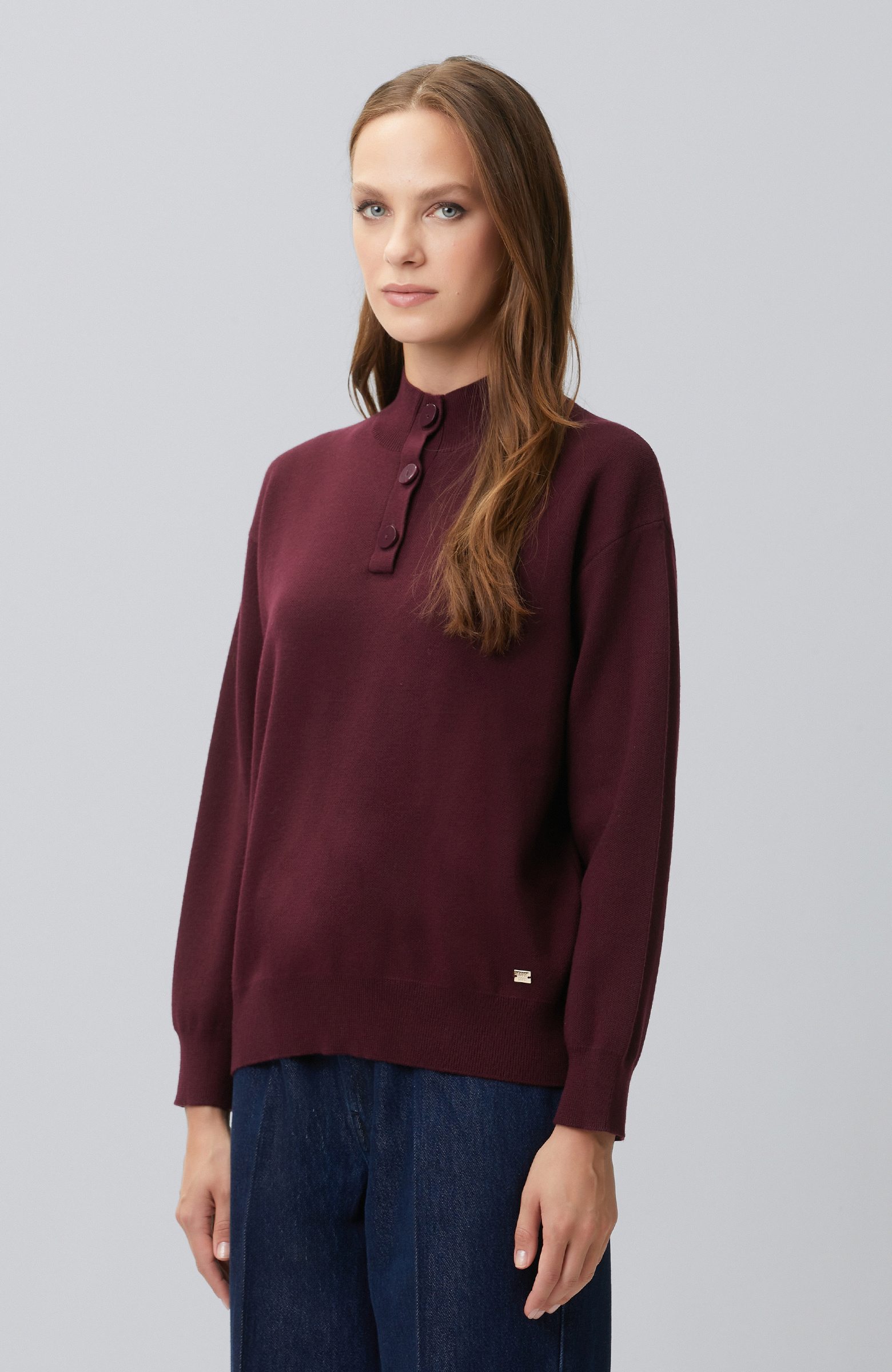 Burgundy High Collar Wool Blend Knitwear Sweater