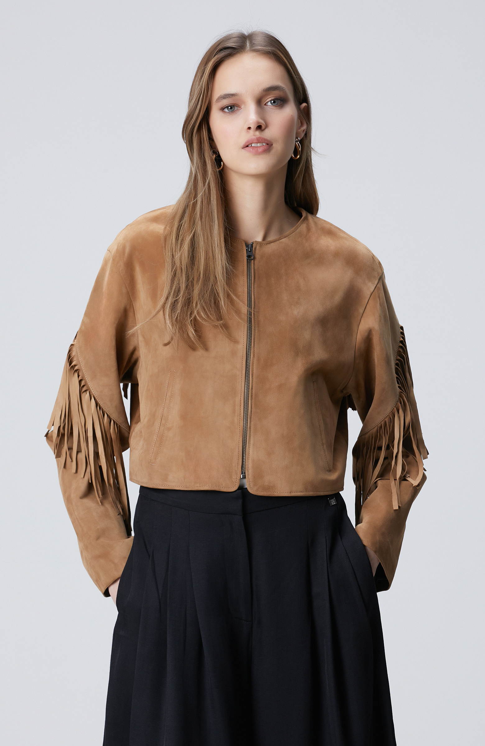 Camel Püsküllü Süet Deri Ceket