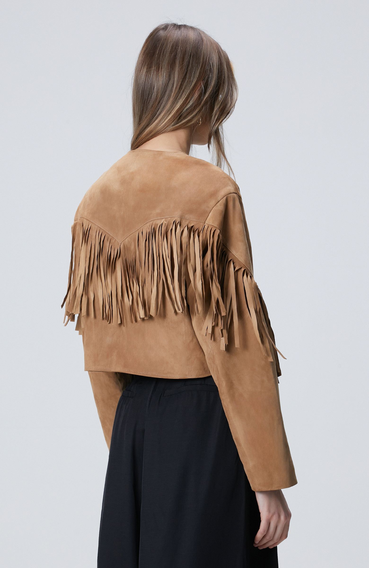 Camel Püsküllü Süet Deri Ceket