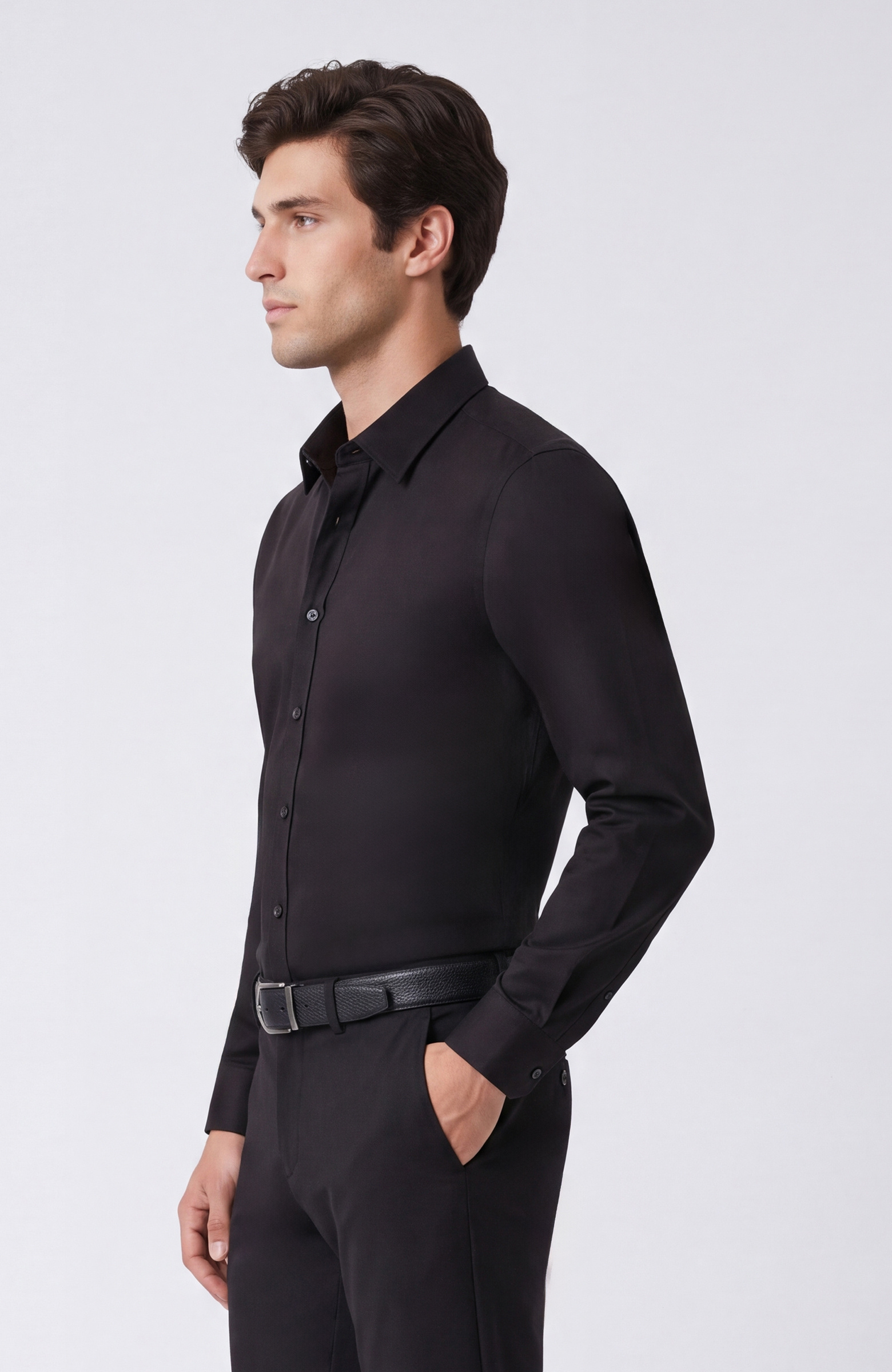 Non-Iron Siyah Saten Gömlek