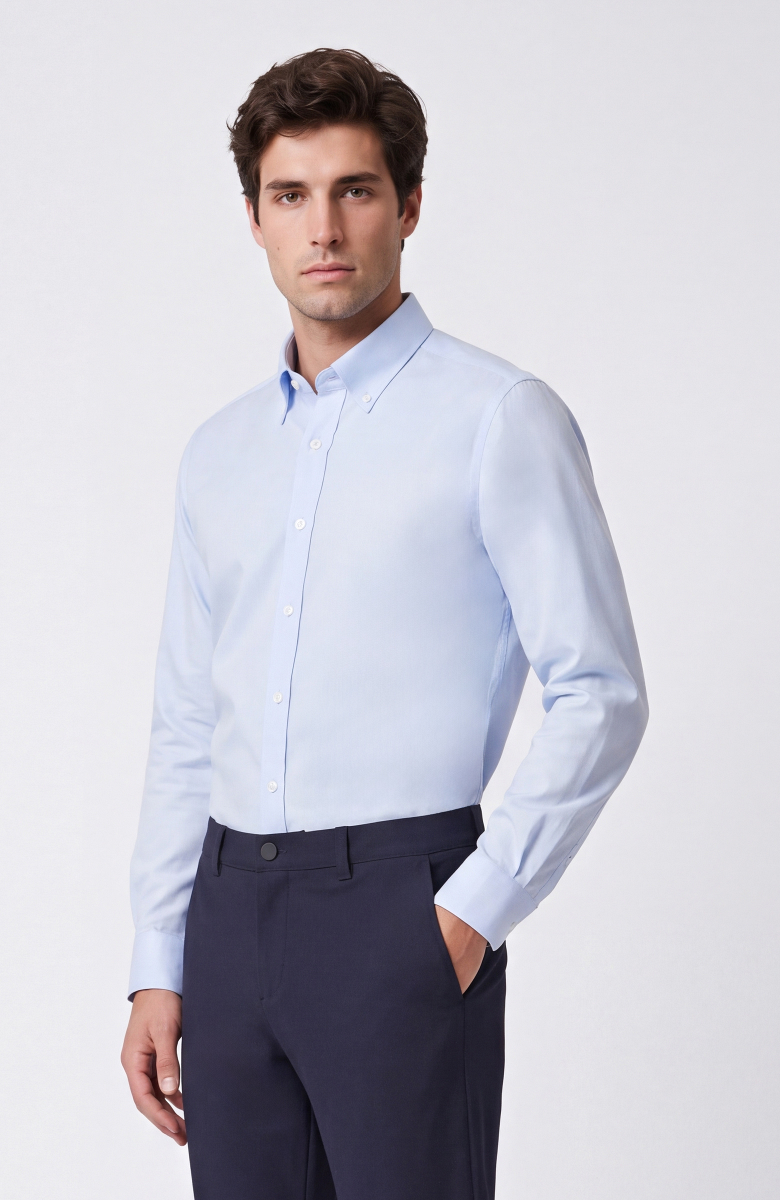 Non-Iron Mavi Düğmeli Yaka Oxford Gömlek