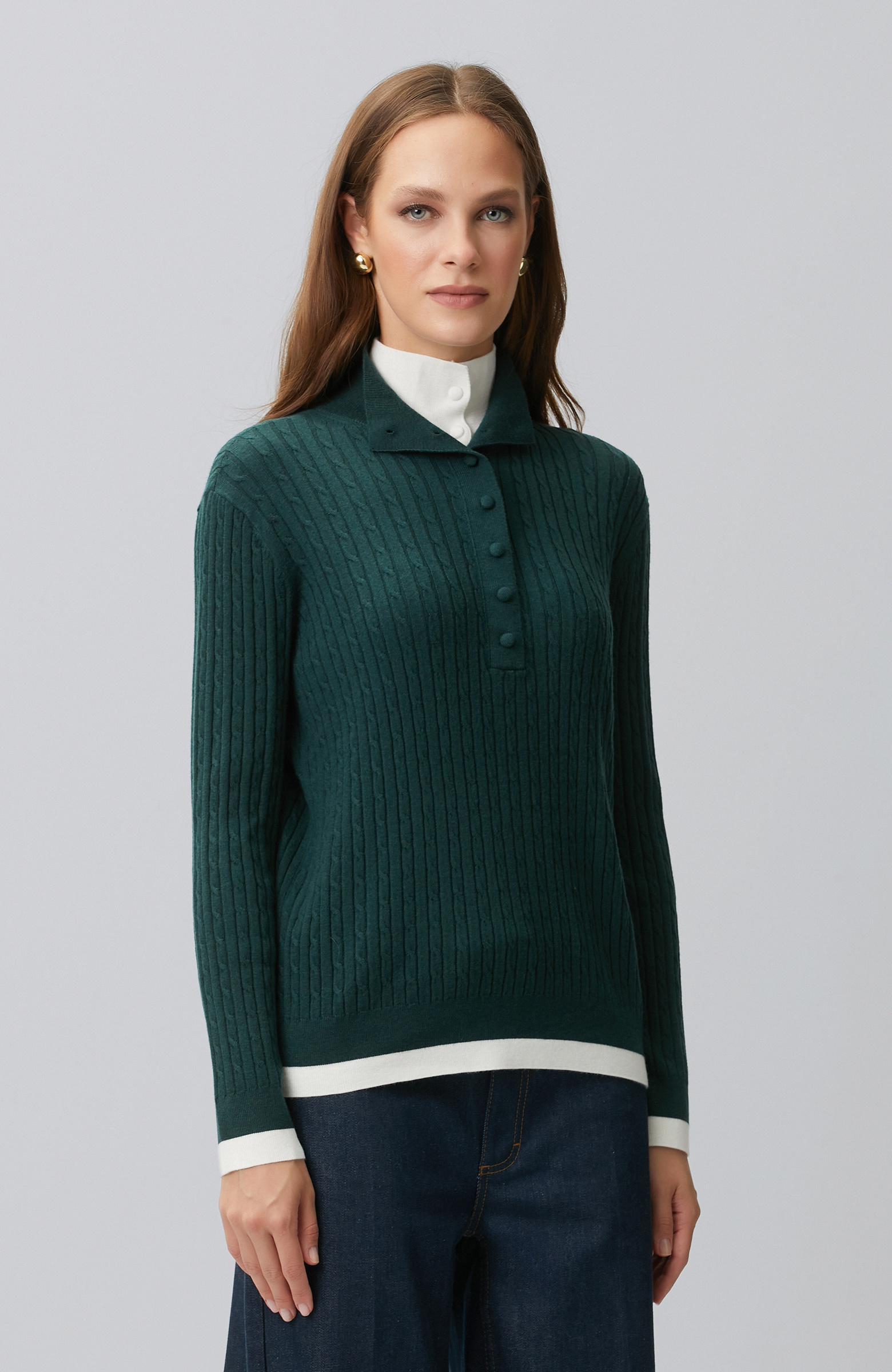 Green Hair Braided Piping Detailed Sweater
