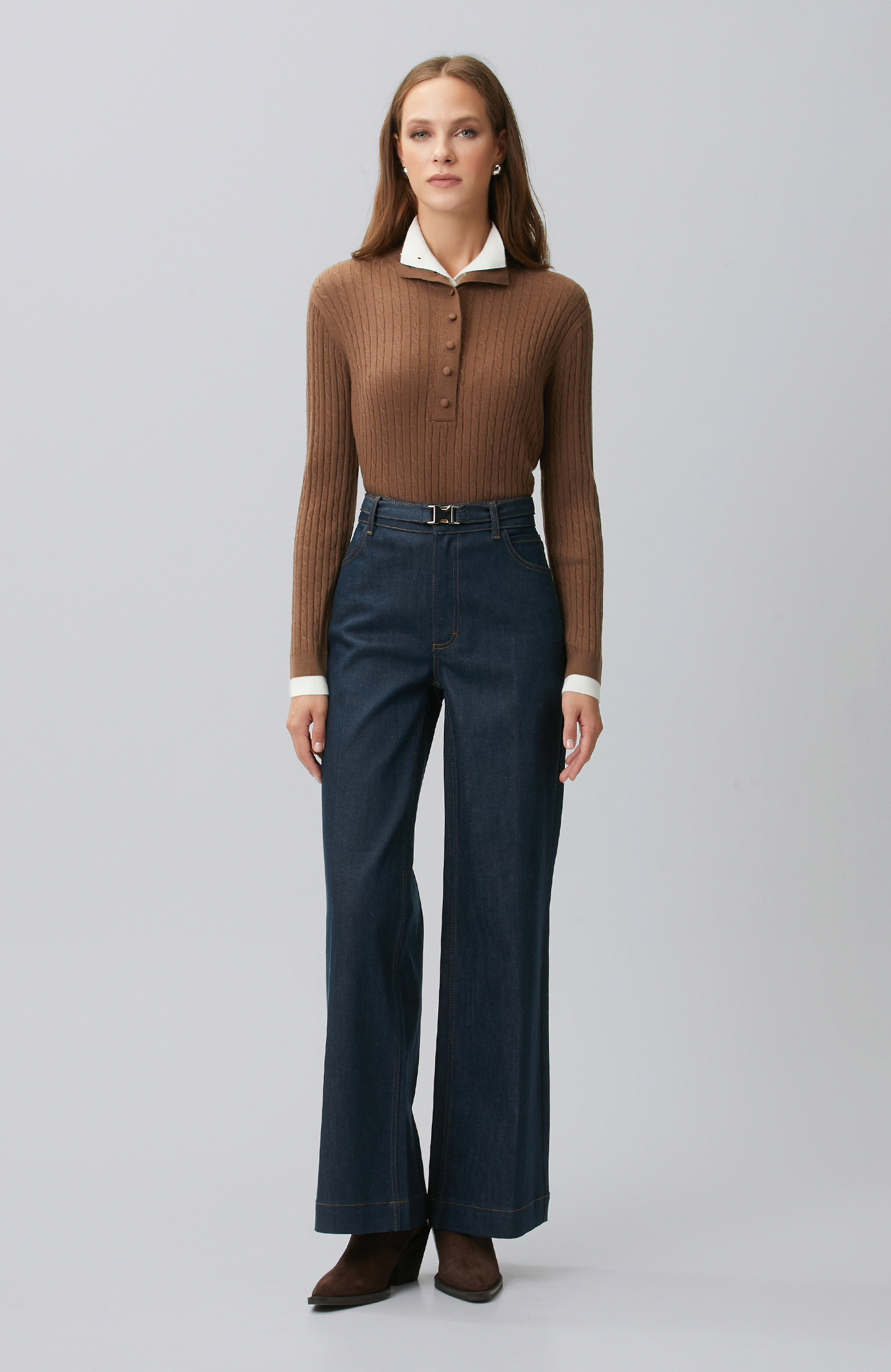 Brown Hair Braided Piping Detailed Sweater