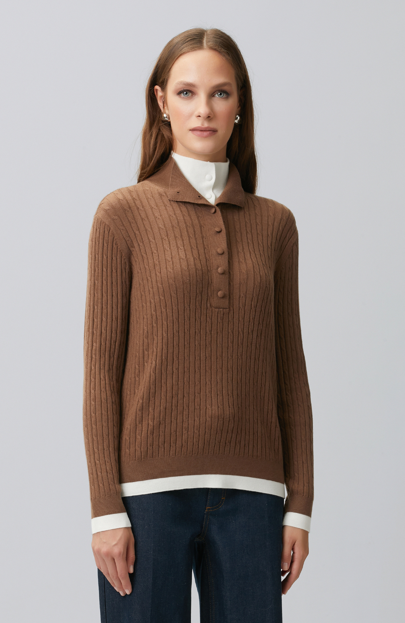 Brown Hair Braided Piping Detailed Sweater