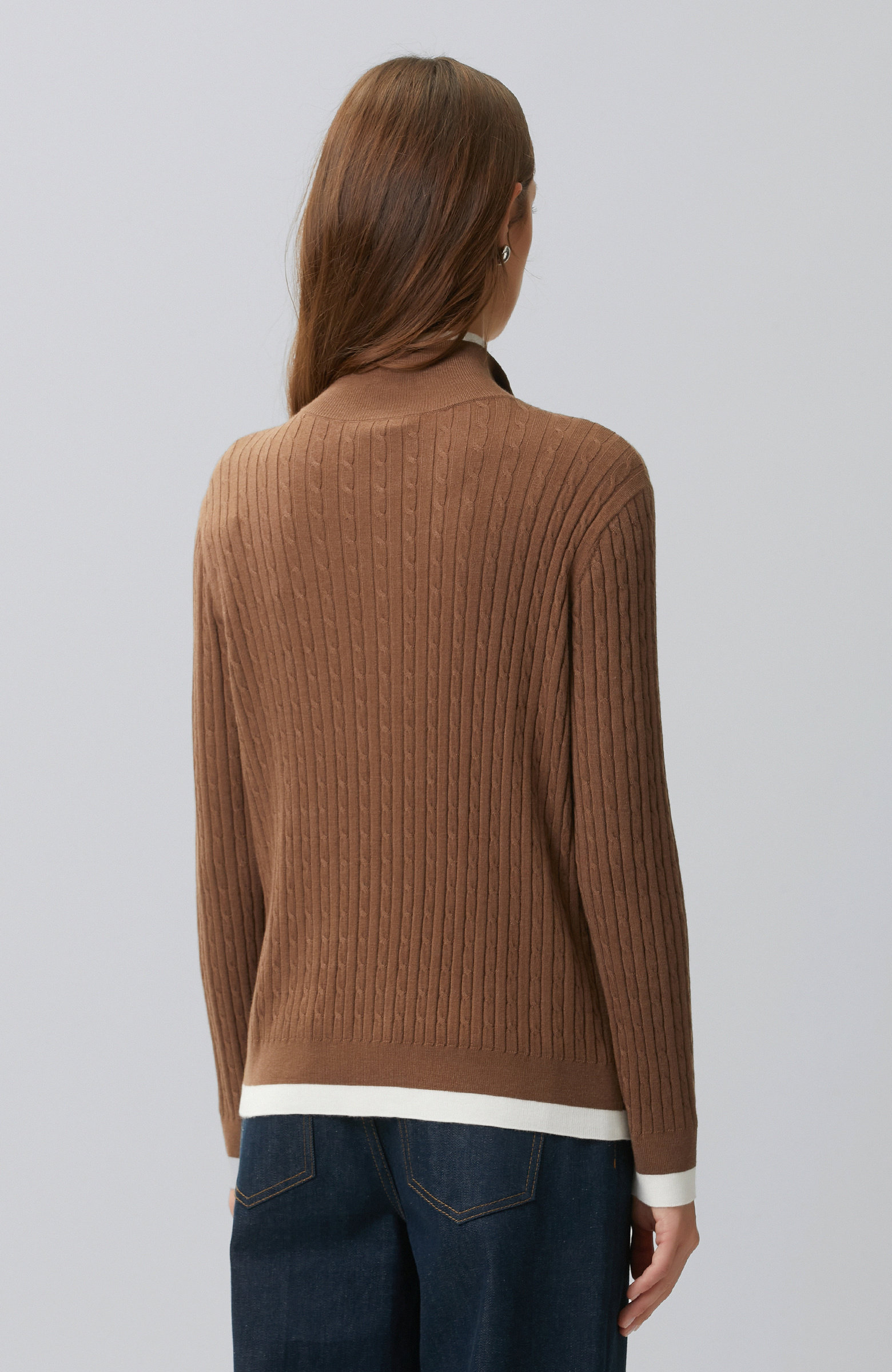 Brown Hair Braided Piping Detailed Sweater