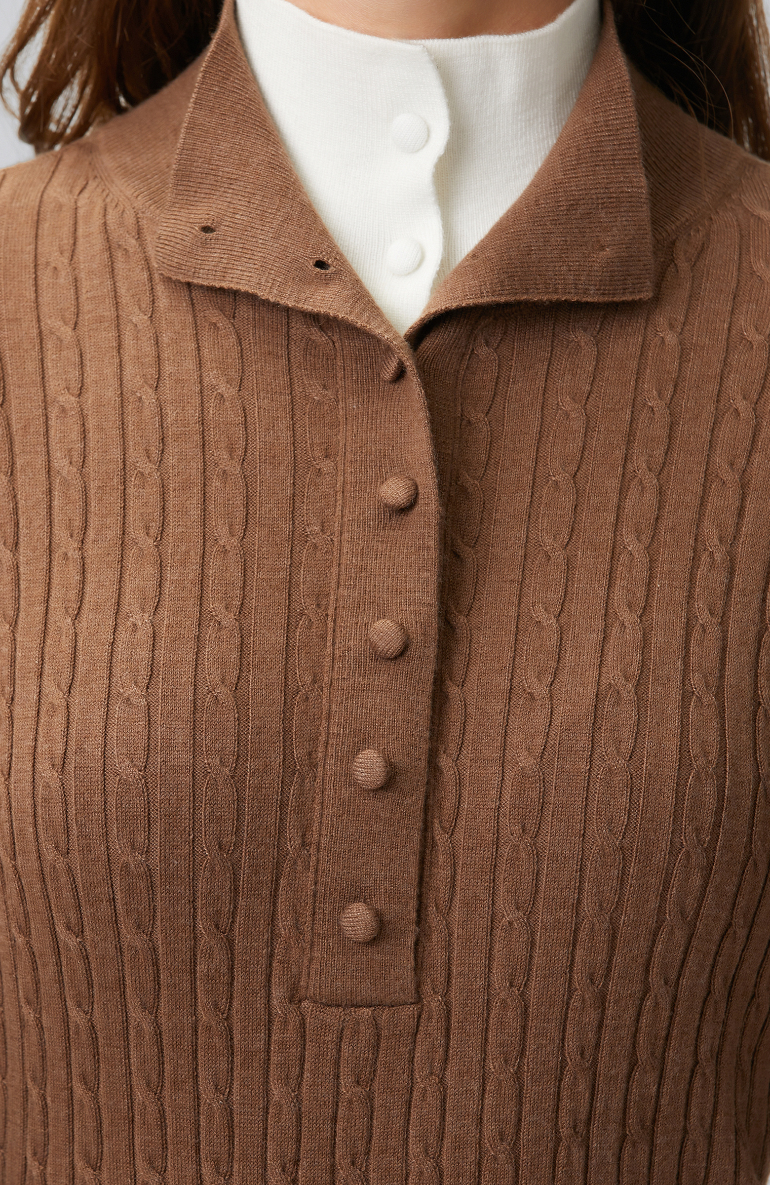 Brown Hair Braided Piping Detailed Sweater
