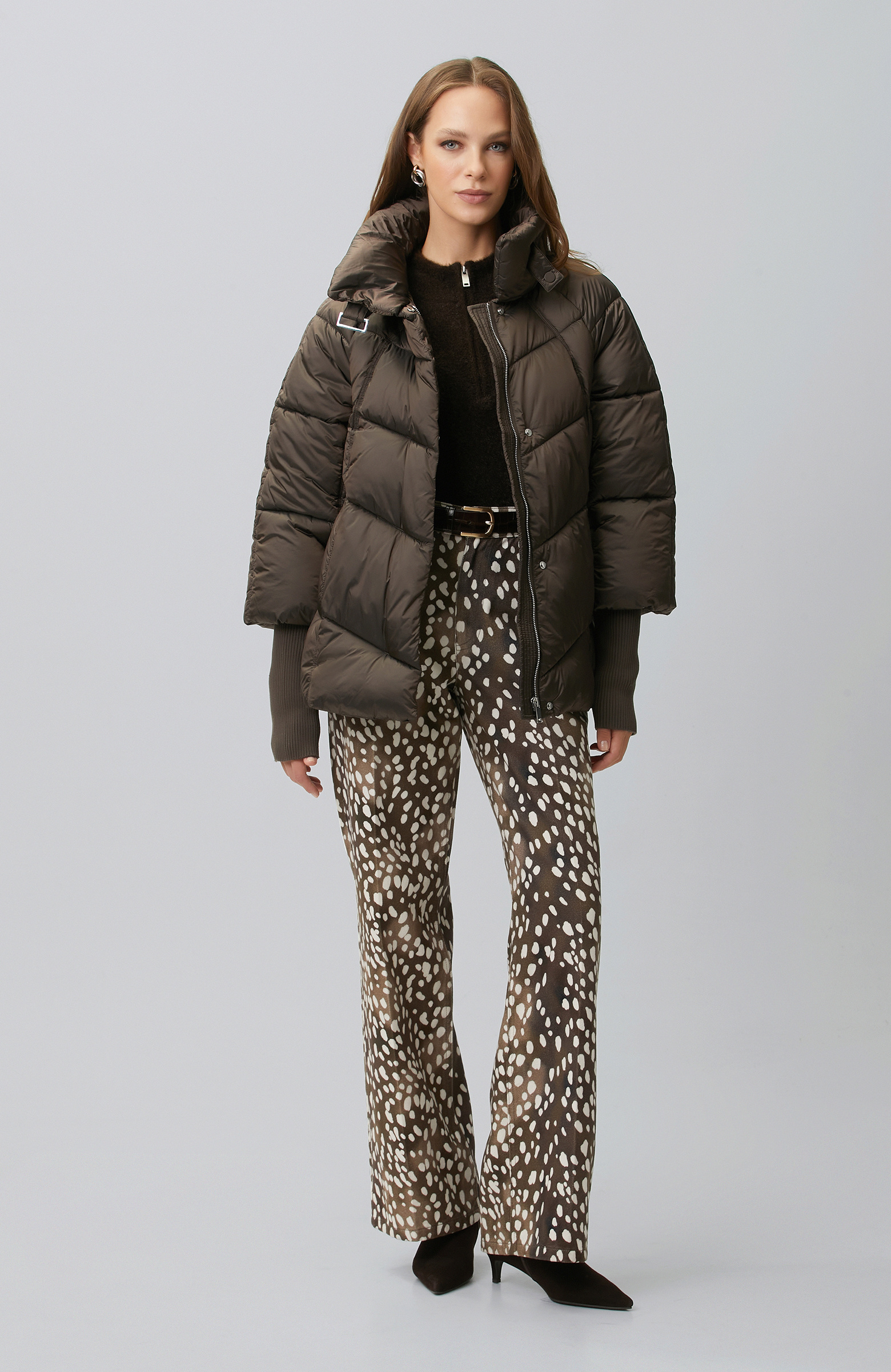 Acı Kahve Dik Yaka Oversize Puffer Mont