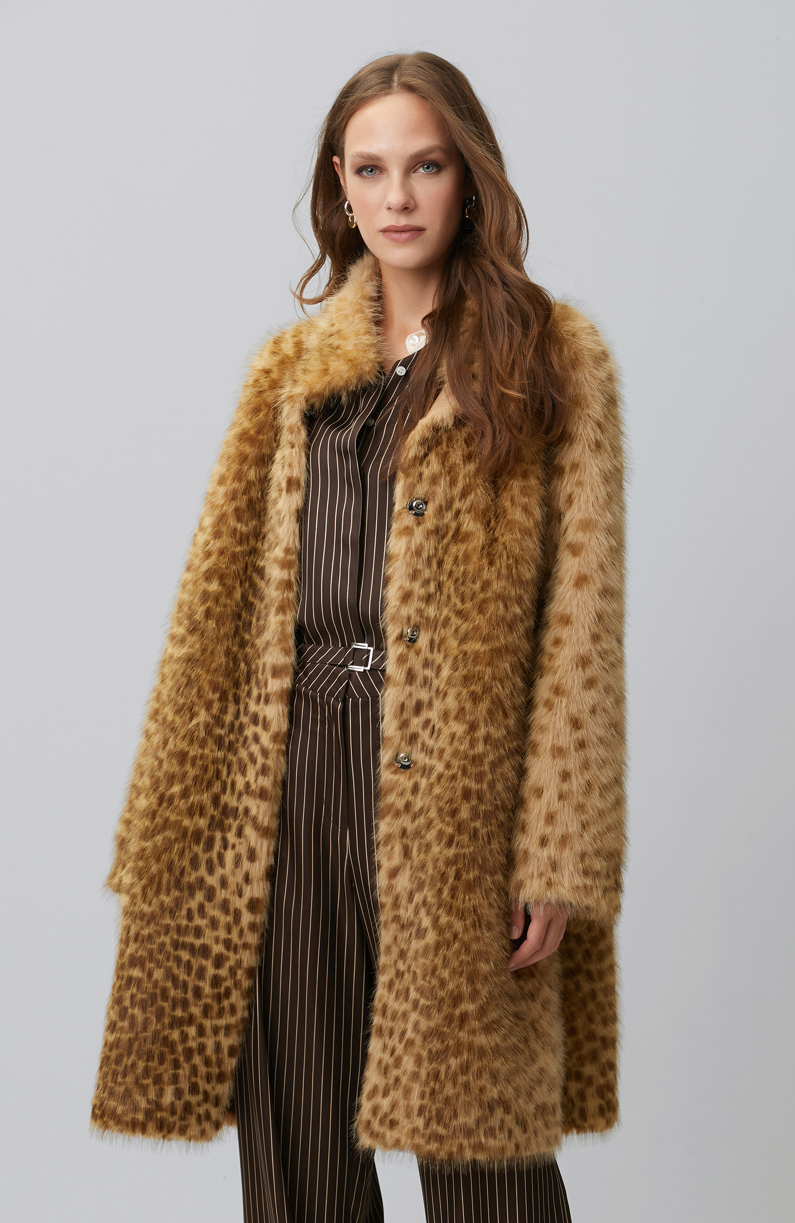Beige Stand-Up Collar Faux Fur Coat