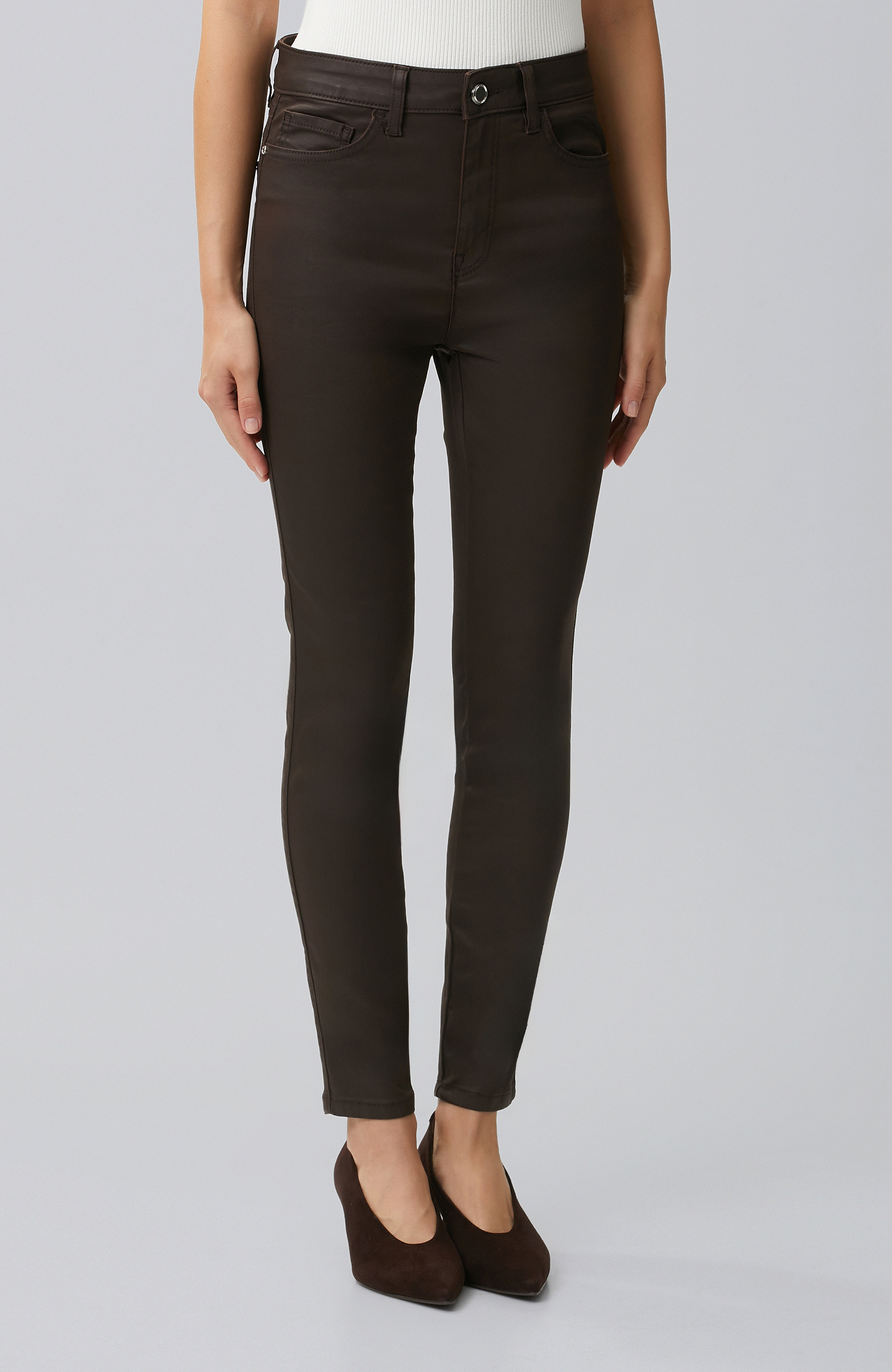 Kahverengi Kaplamalı Skinny Denim Pantolon