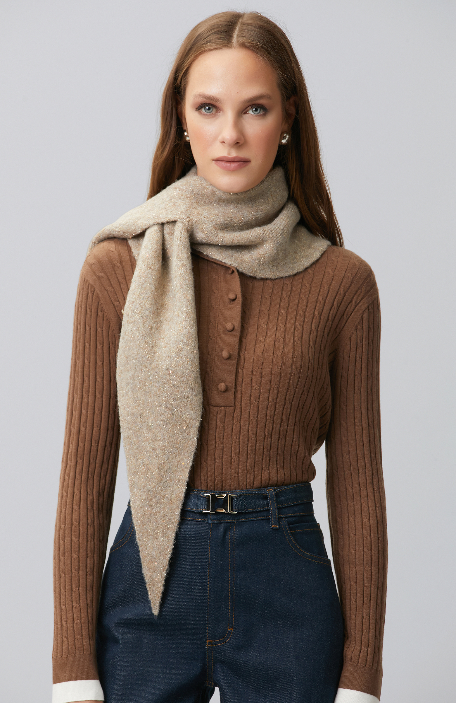 Gold Sequin Detailed Women's Knitted Scarf