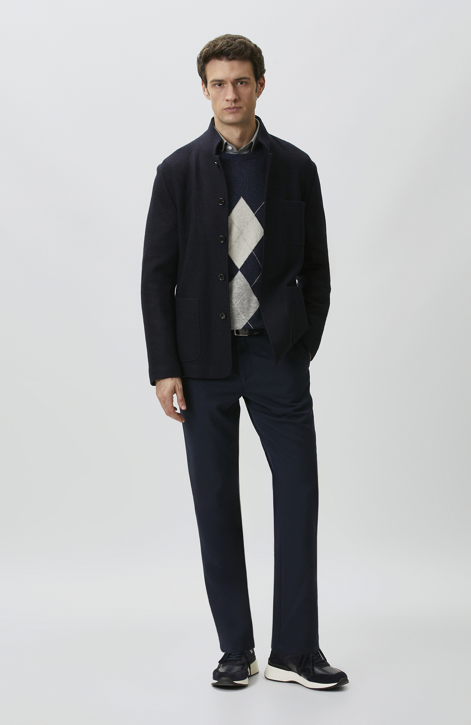 Navy Blue Lace-Up Waist Flannel Trousers