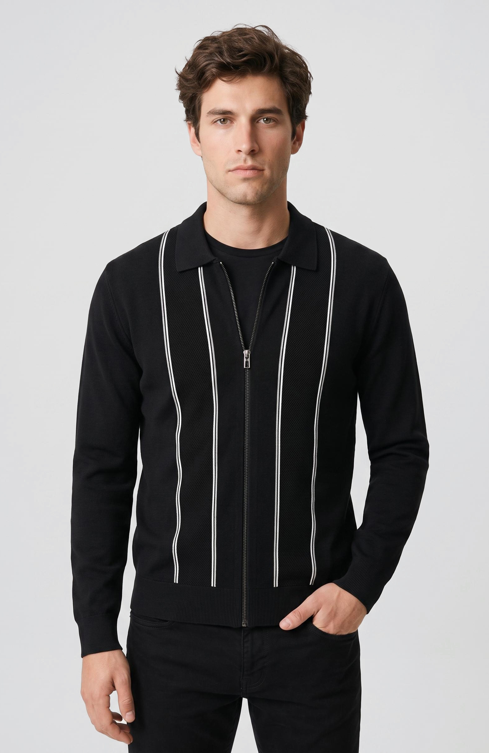 Siyah Çizgili Rayon Triko Hırka