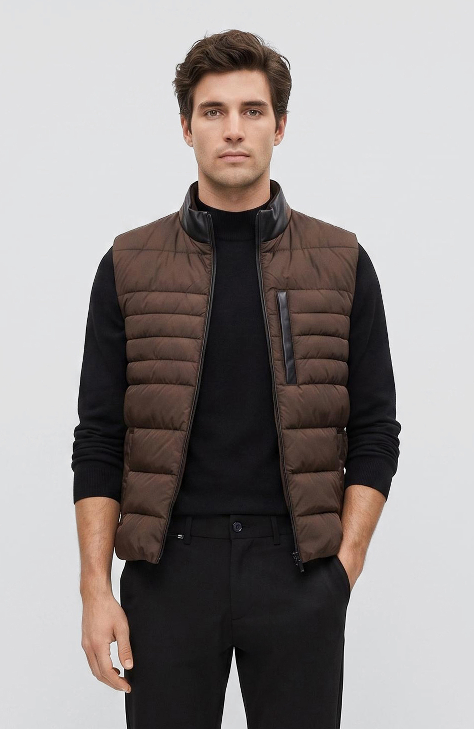 Brown Stand Collar Puffer Casual Vest