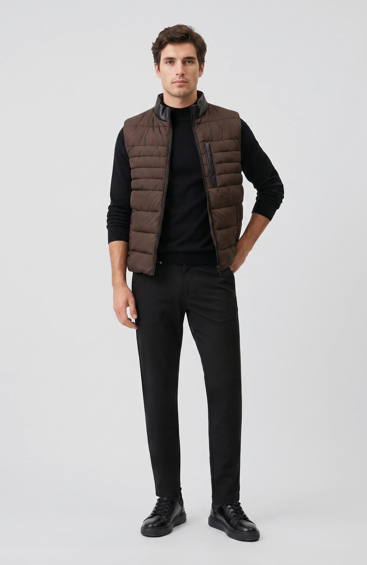 Brown Stand Collar Puffer Casual Vest