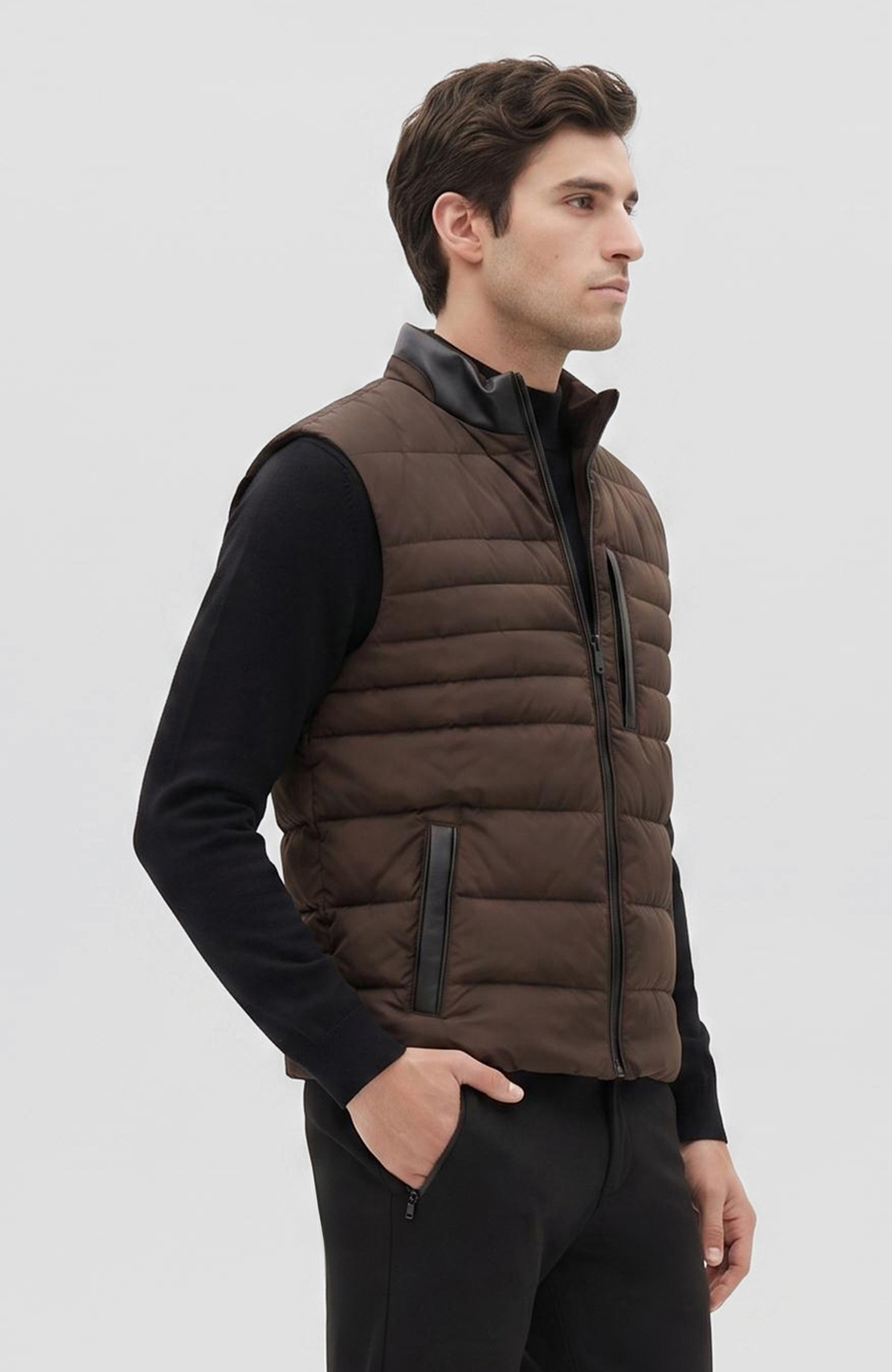 Brown Stand Collar Puffer Casual Vest