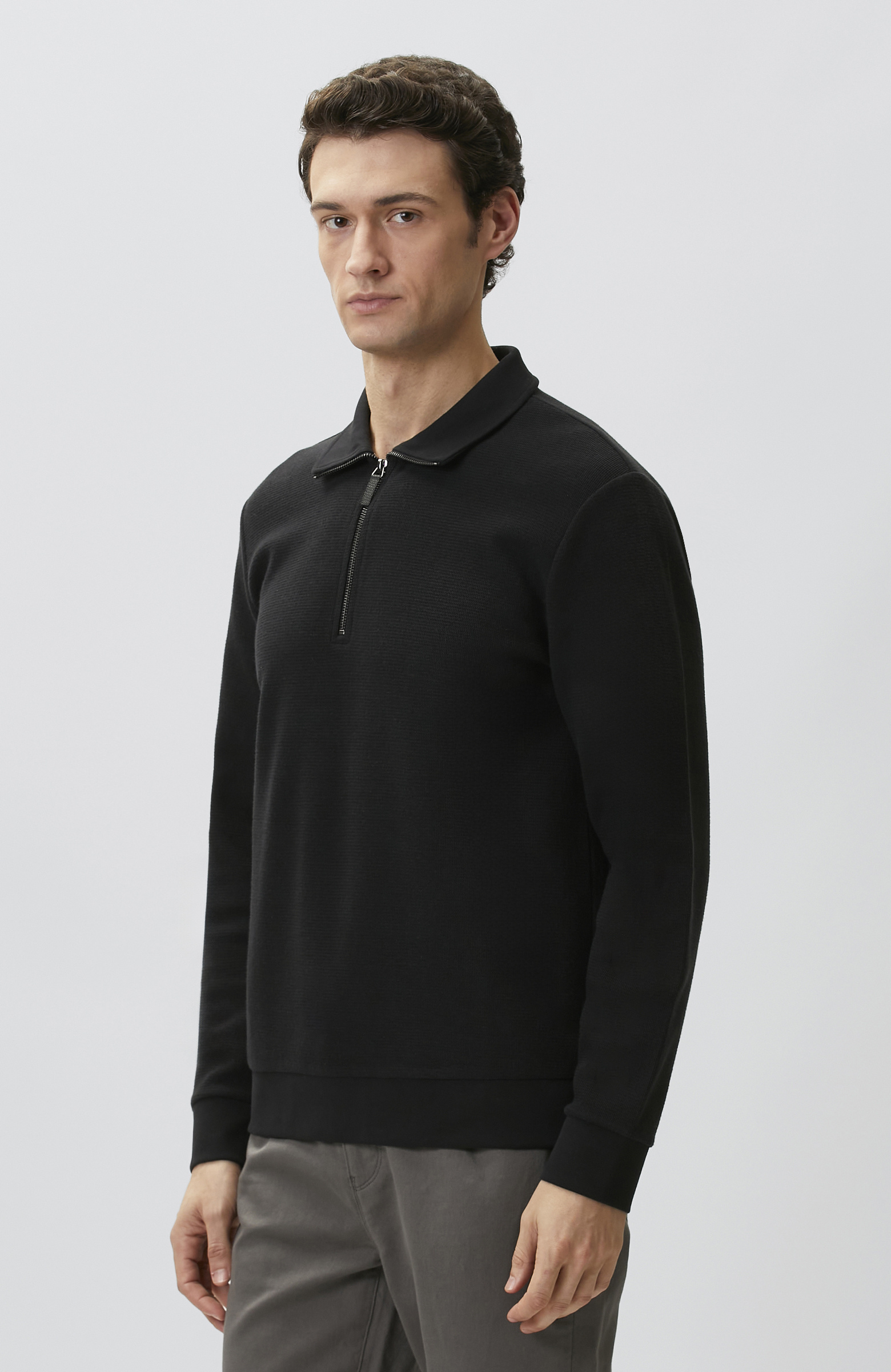 Siyah Polo Yaka Fermuarlı Sweatshirt