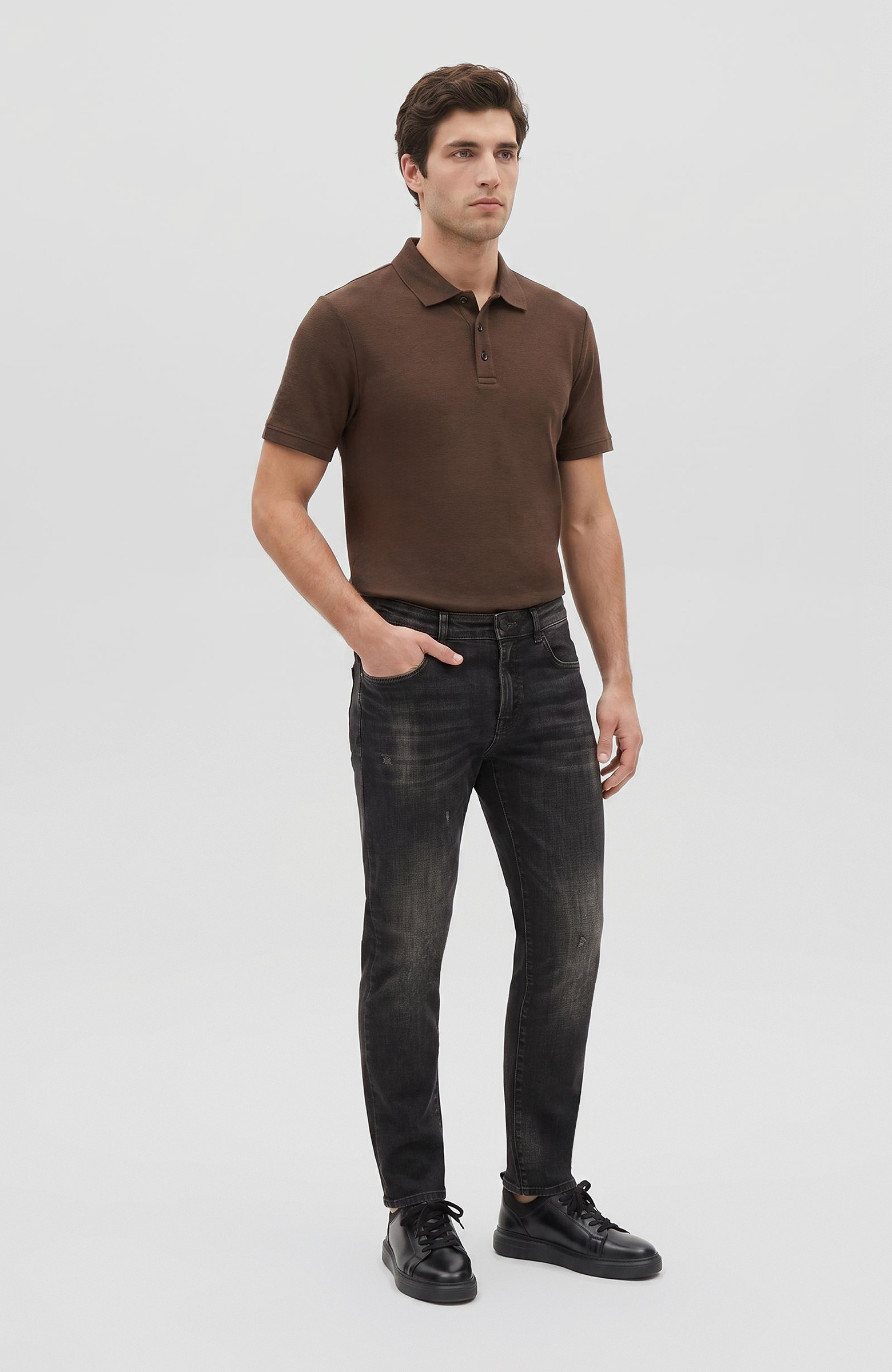 Kahverengi Jakarlı Polo Yaka T-shirt