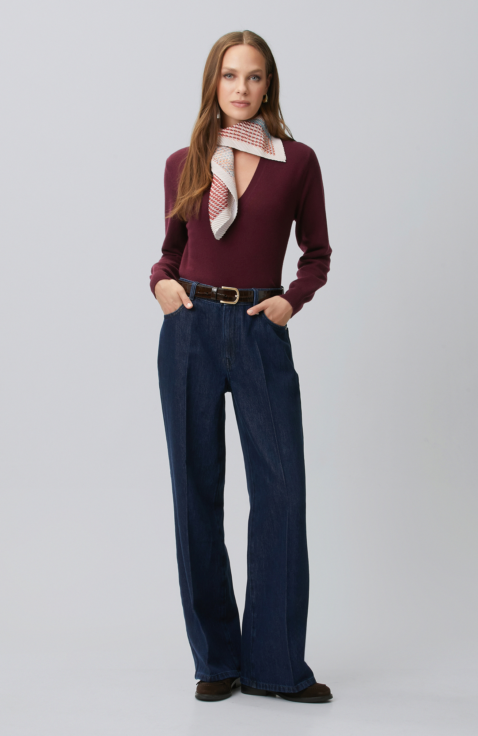 Limited Bordo V Yaka Kaşmir Triko Kazak