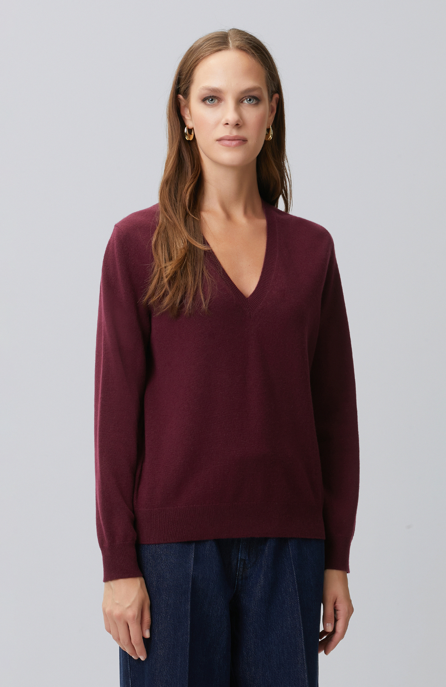 Limited Bordo V Yaka Kaşmir Triko Kazak