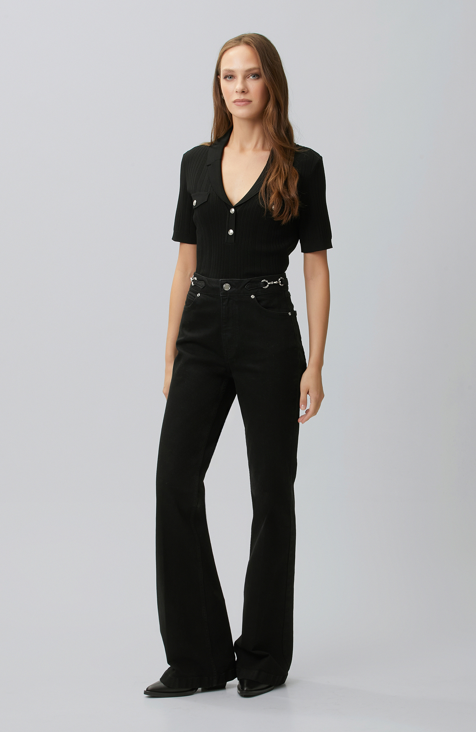 Black V Polo Collar Buttoned Short Sleeve Sweater