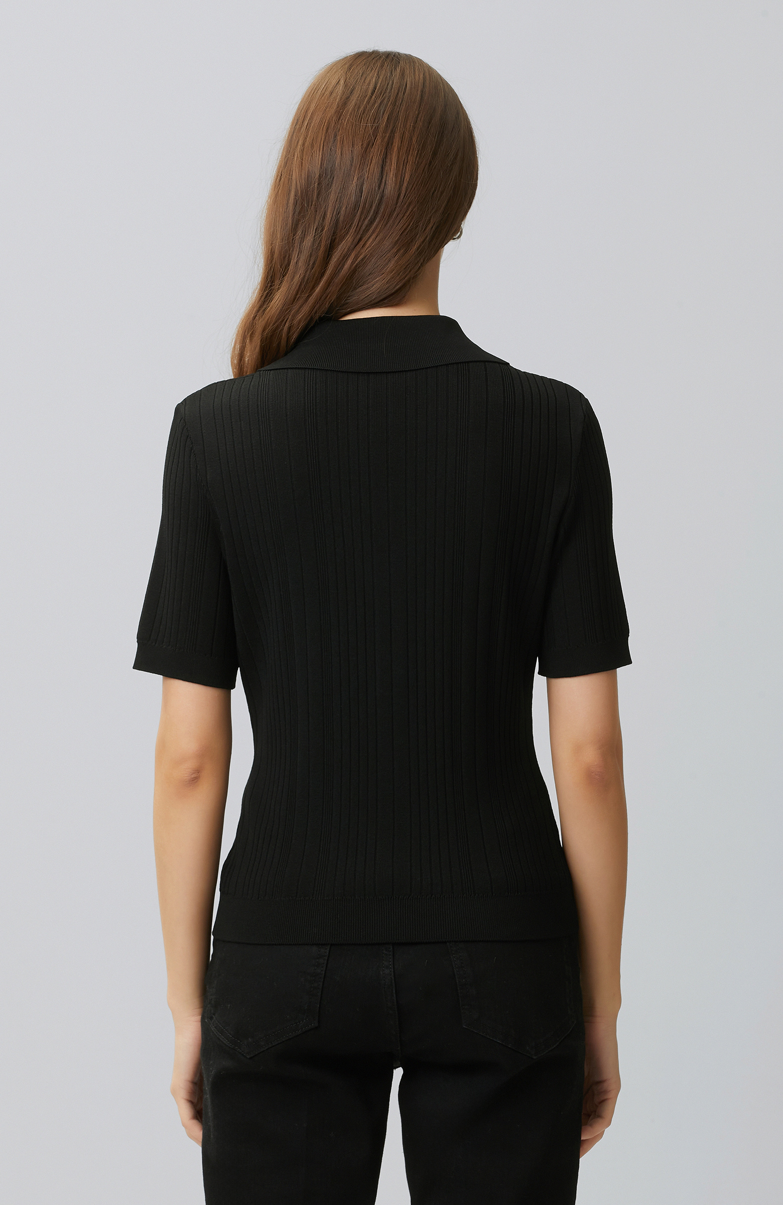 Black V Polo Collar Buttoned Short Sleeve Sweater