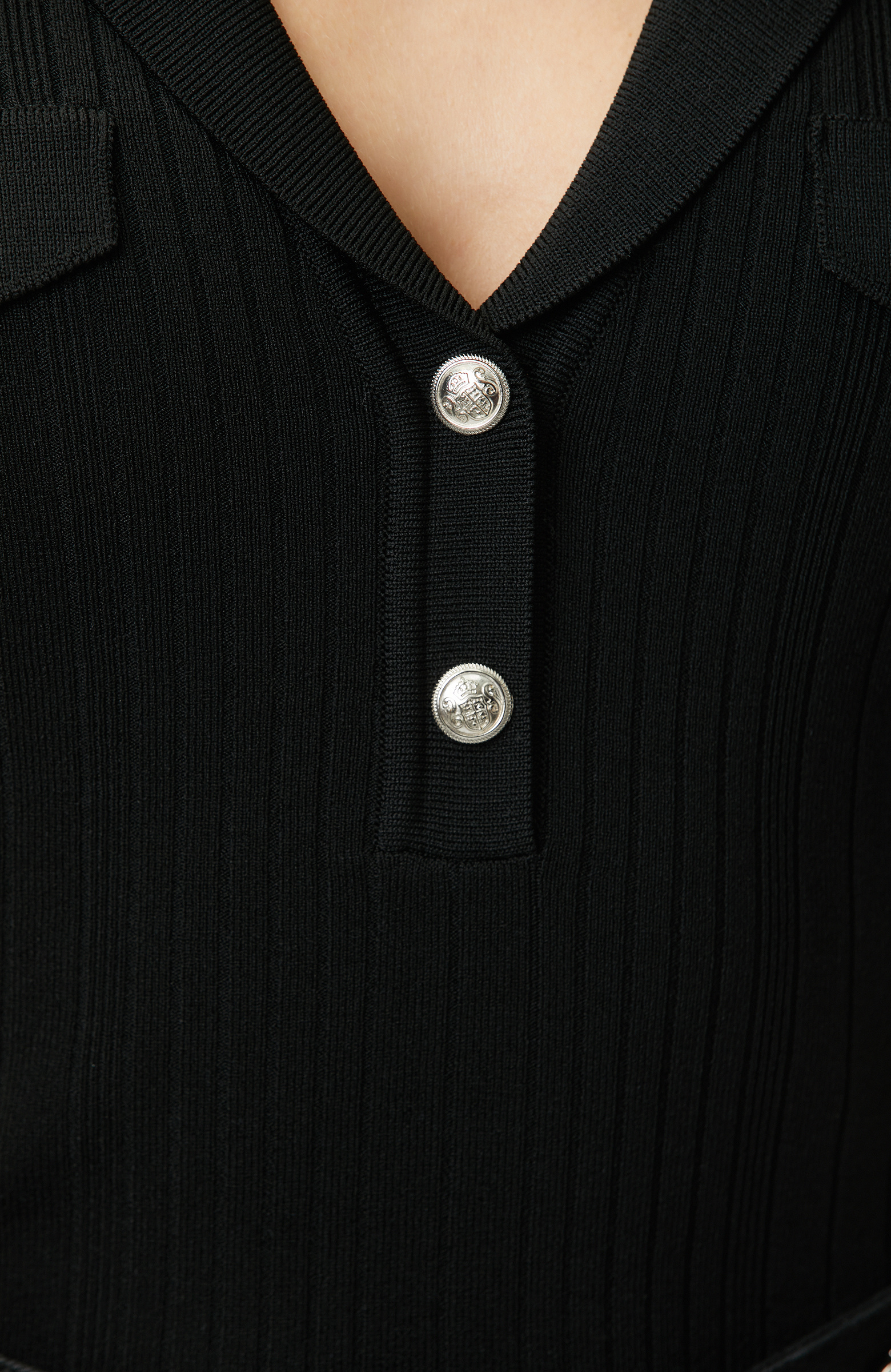 Black V Polo Collar Buttoned Short Sleeve Sweater