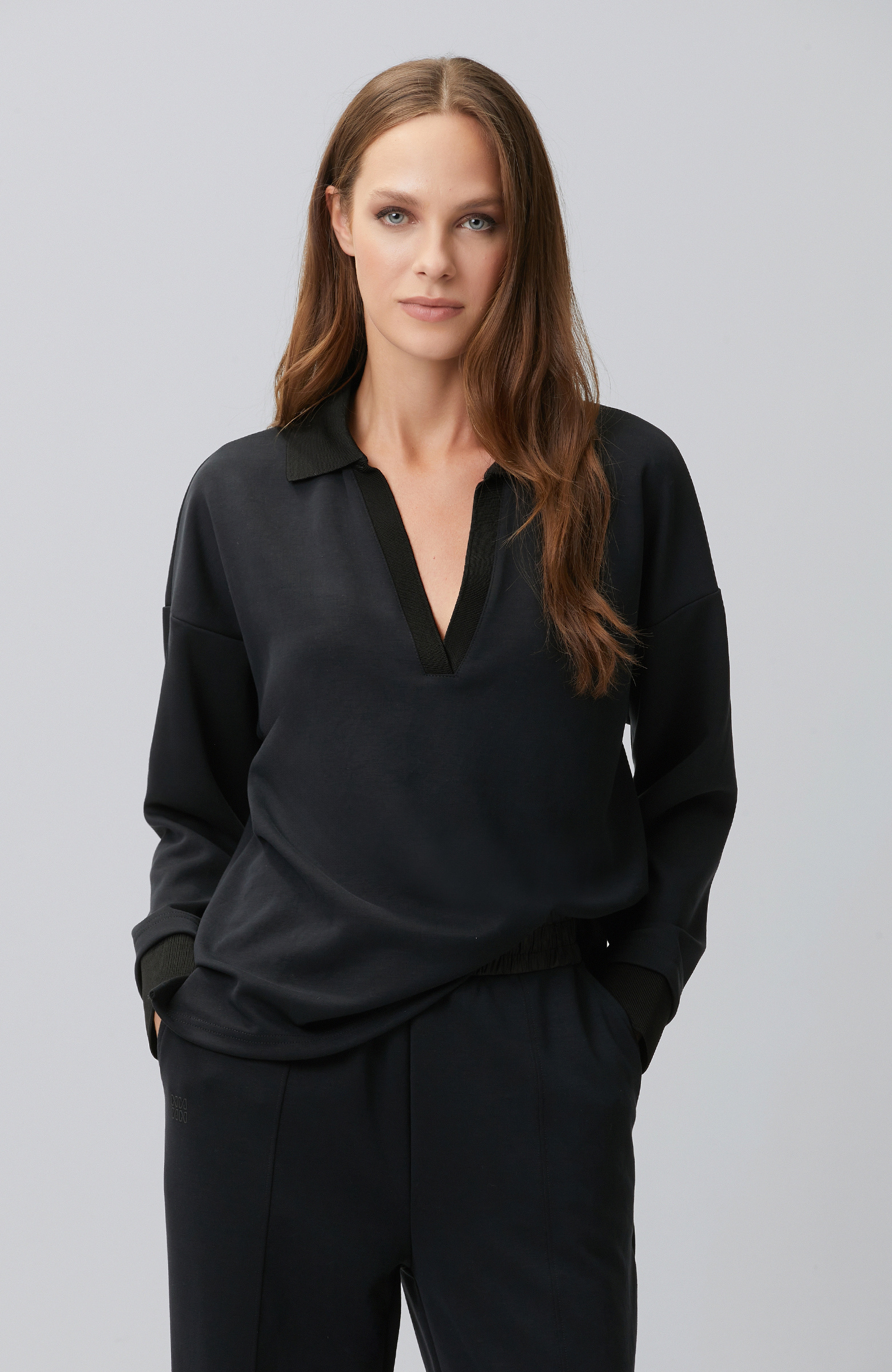 Siyah Modal Karışımlı Ribanalı Sweatshirt
