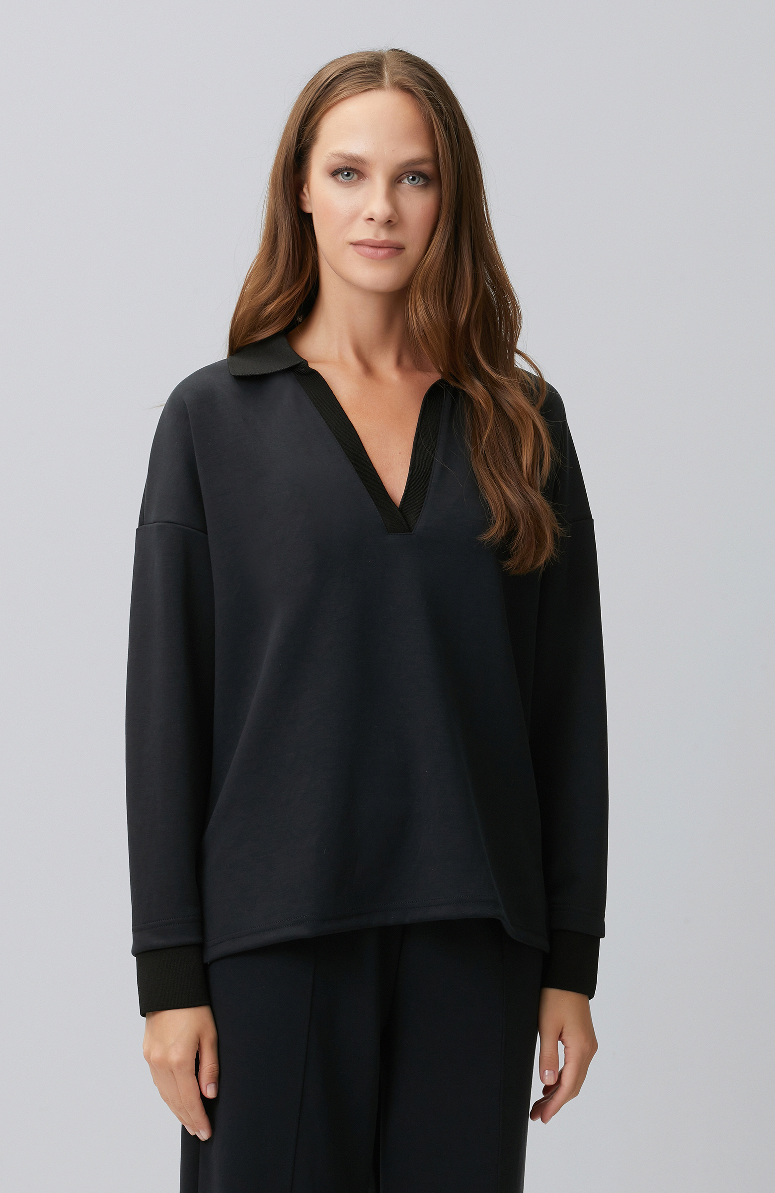 Siyah Modal Karışımlı Ribanalı Sweatshirt