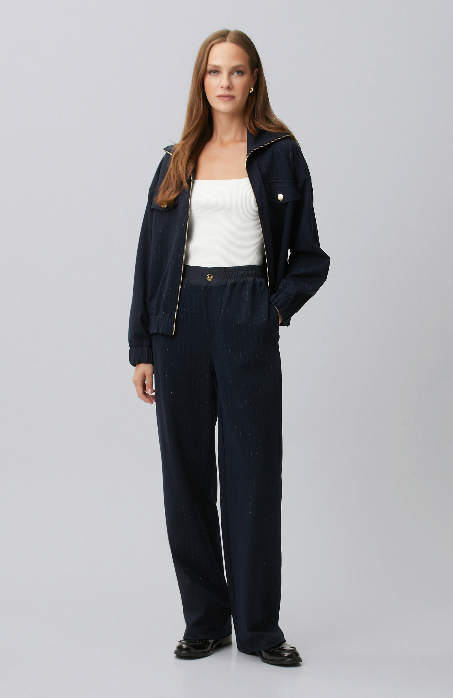 Navy Blue Glitter Striped Sweatpants
