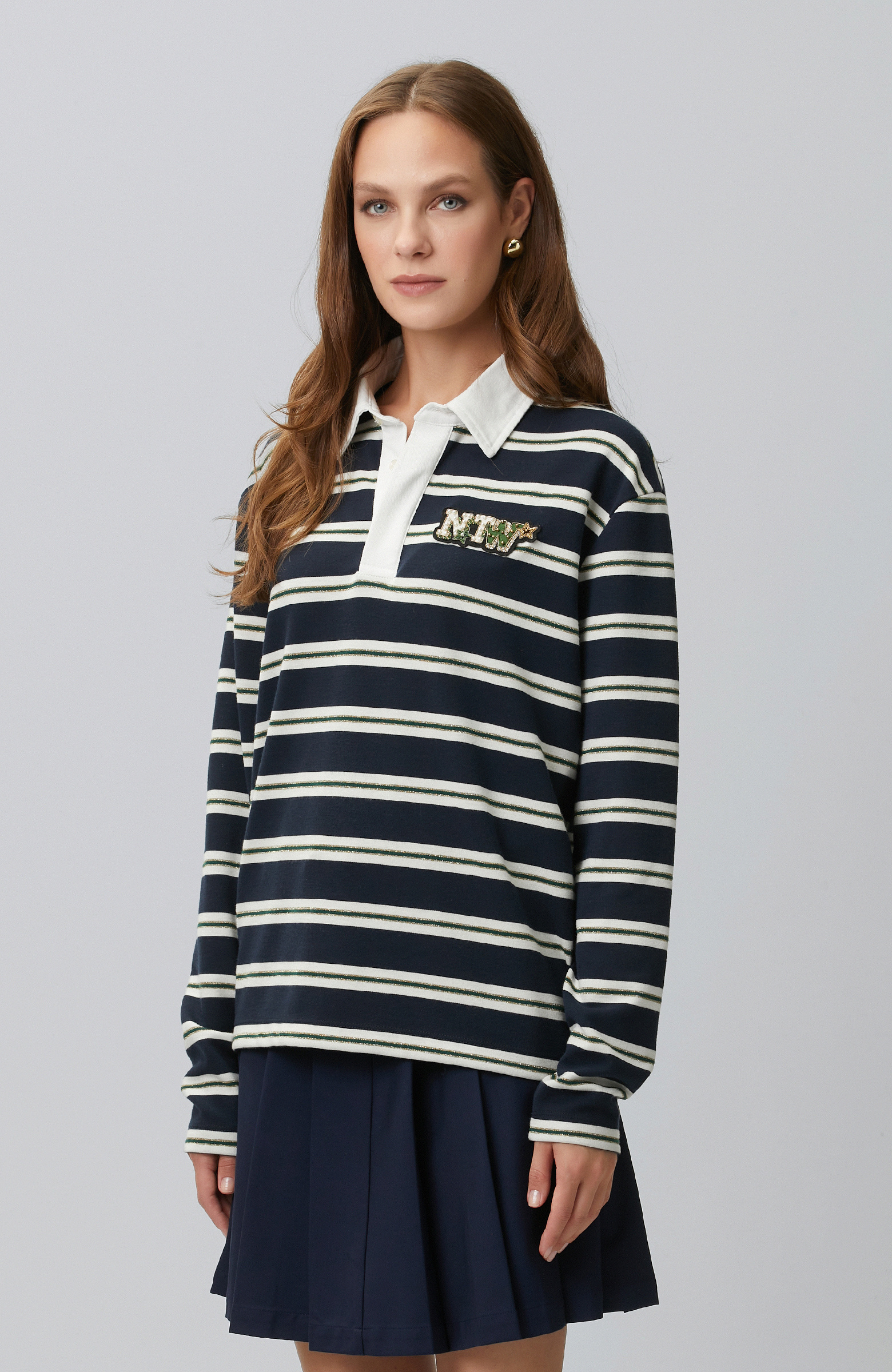 Lacivert Beyaz Çizgili Polo Sweatshirt