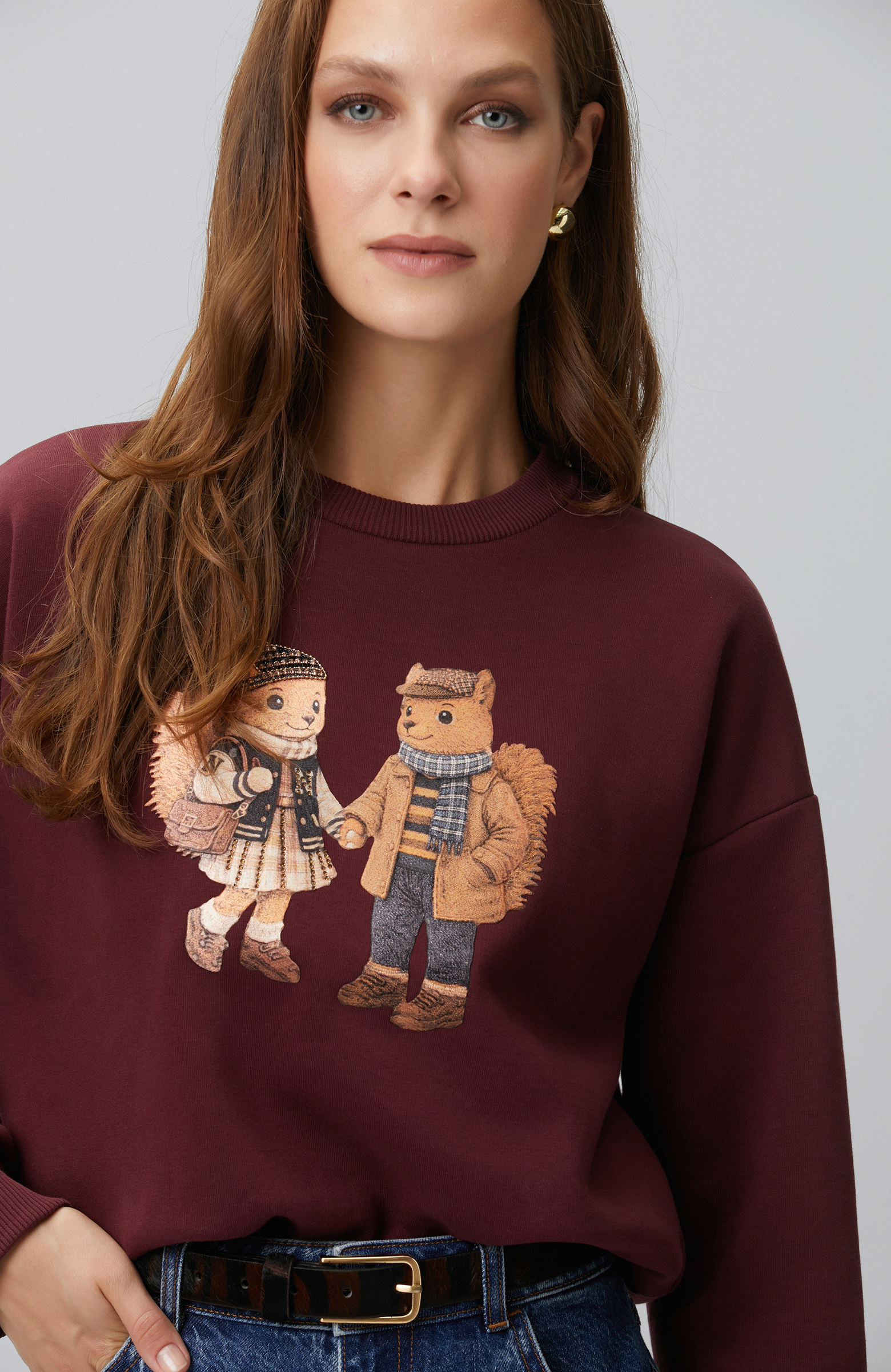 Bordo Sincap Figürlü Baskılı Sweatshirt