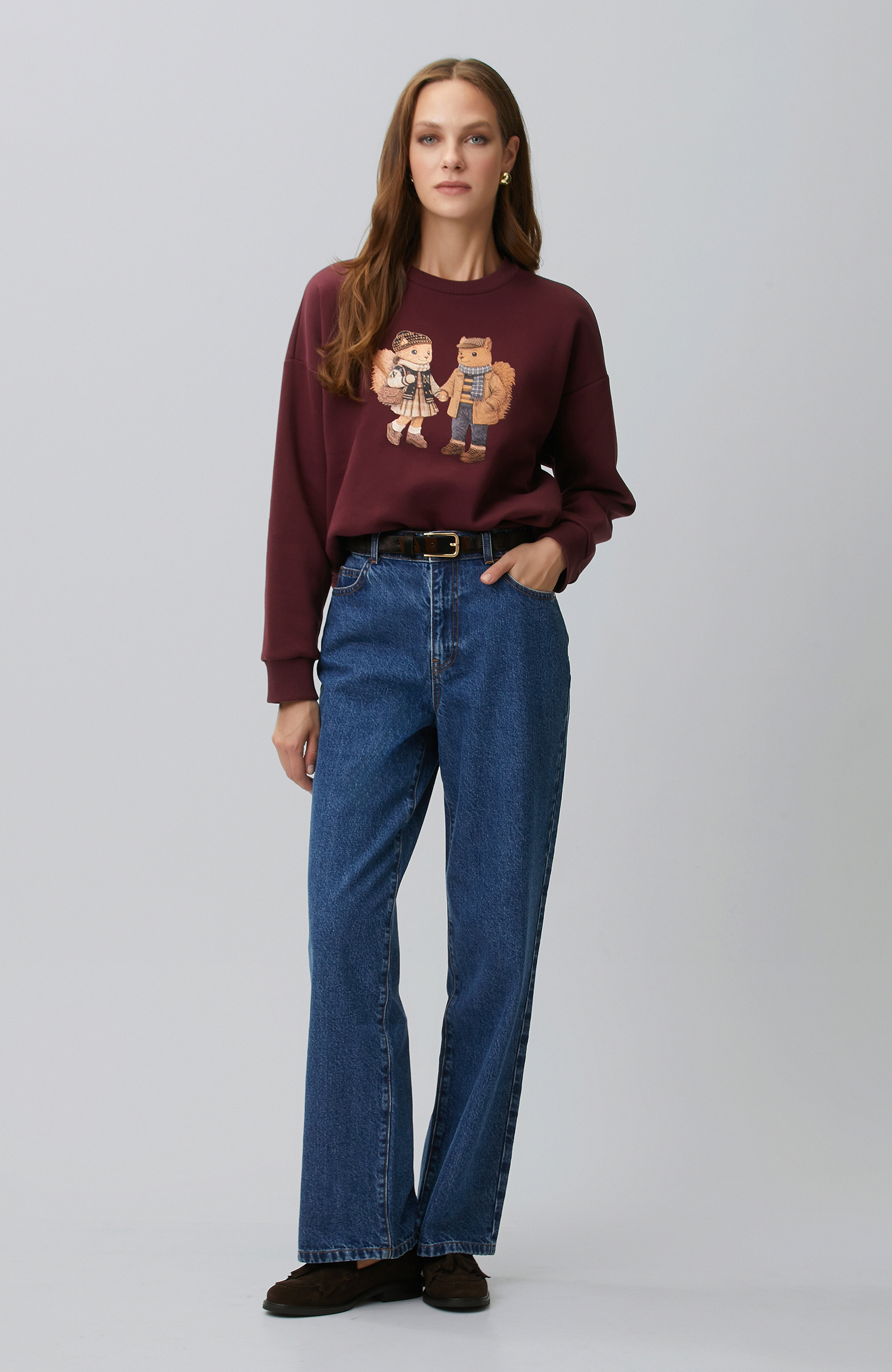 Bordo Sincap Figürlü Baskılı Sweatshirt